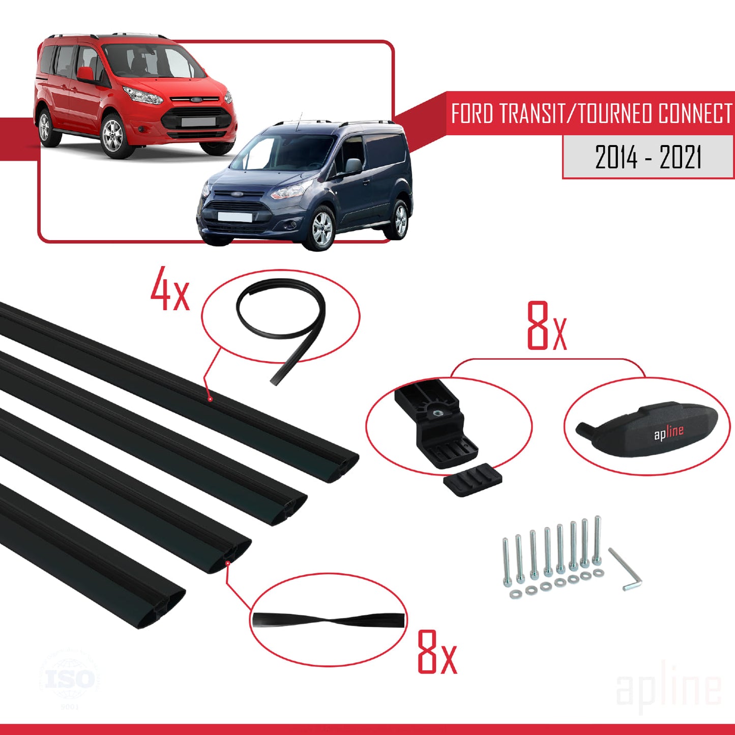 Compatible with Ford Transit/Tourneo Connect 2 2014-2021 BASIC Model Car Roof Rack Cross Bar Black Aluminium 4 Bars