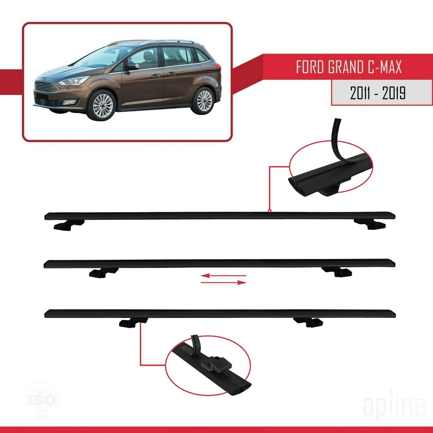 Compatible avec Ford Grand C-Max (C344) 2011-2019 BASIC Model Barres de Toit Railing Porte-Bagages de Voiture Noir Aluminium 3 Barres