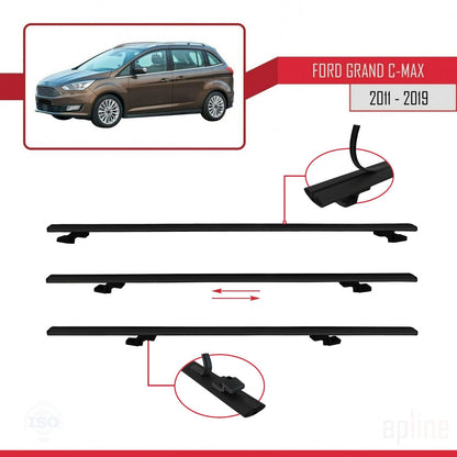 Compatible avec Ford Grand C-Max (C344) 2011-2019 BASIC Model Barres de Toit Railing Porte-Bagages de Voiture Noir Aluminium 2 Barres