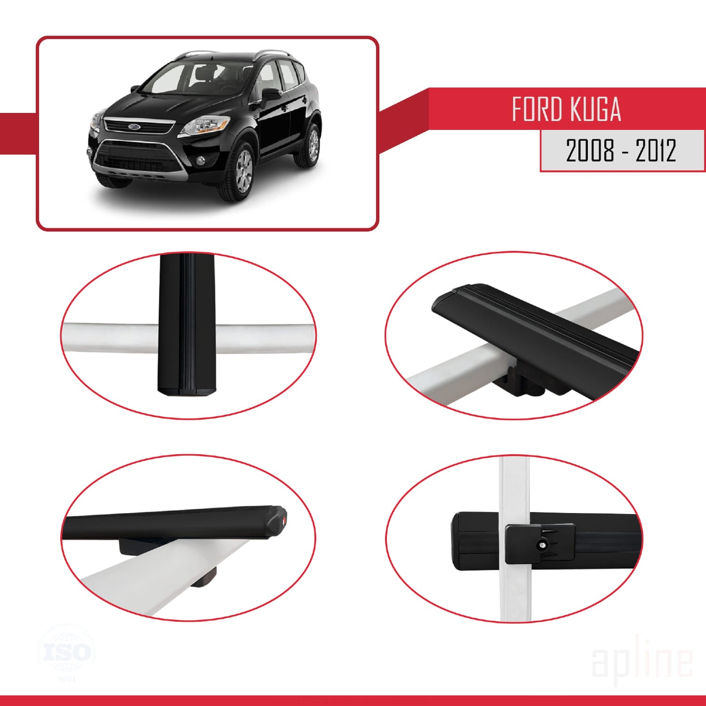 Compatible avec Ford Kuga (C394) 2008-2012 BASIC Model Barres de Toit Railing Porte-Bagages de Voiture Noir Aluminium 2 Barres
