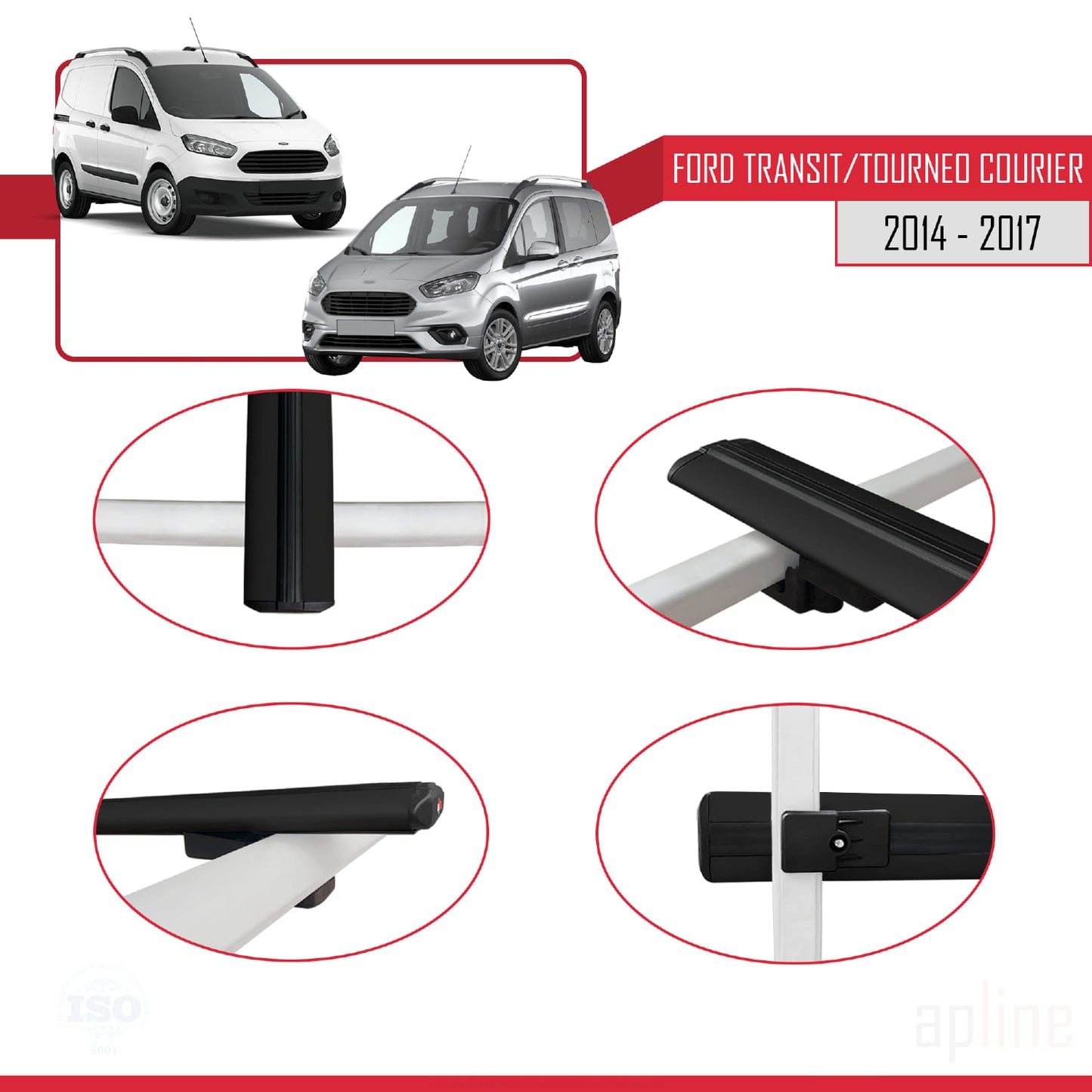 Compatible with Ford Transit/Tourneo Courier Pre-Facelift 2014-2017 BASIC Model Car Roof Rack Cross Bar Black Aluminium 3 Bars