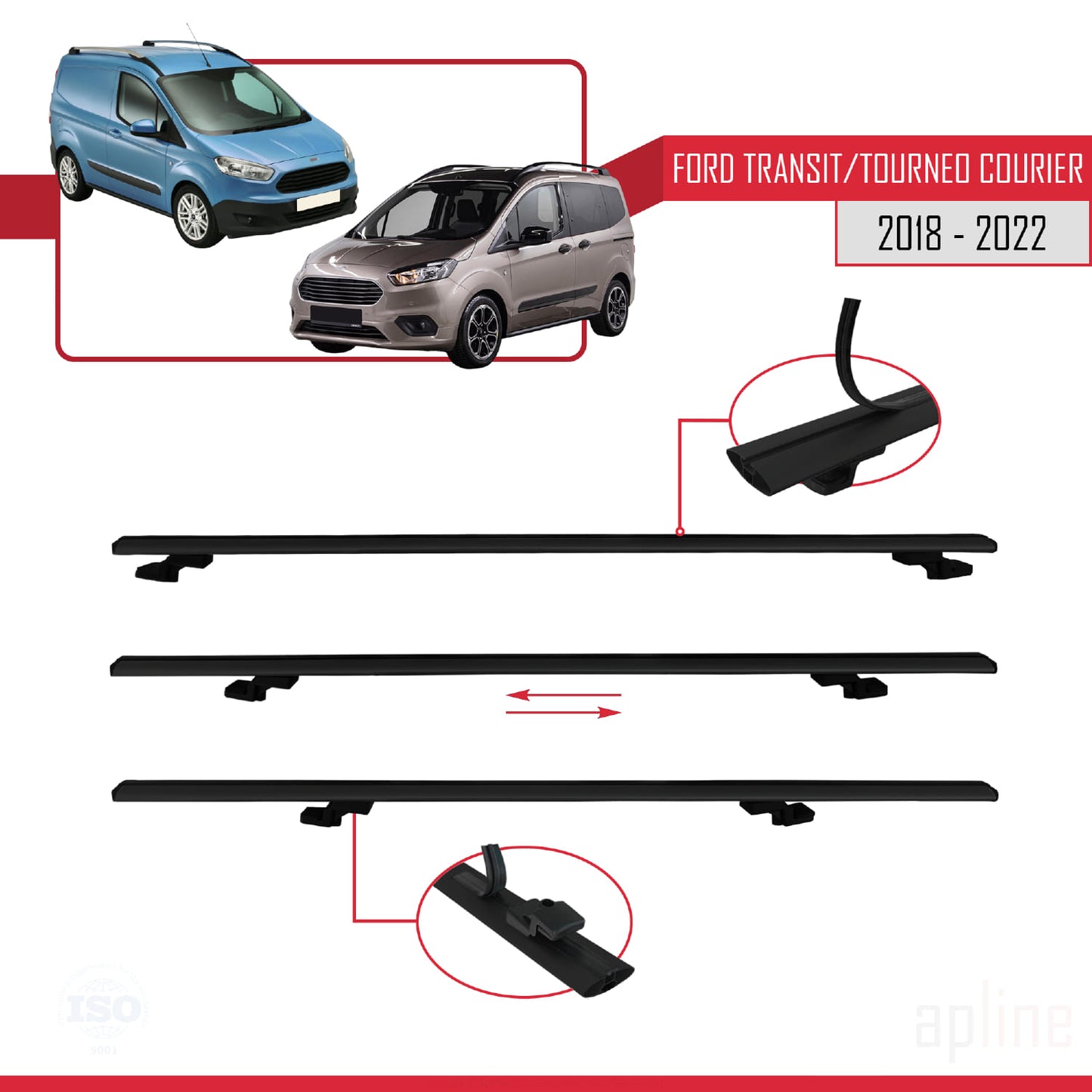 Compatible with Ford Transit/Tourneo Courier Post-Facelift 2018-2022 BASIC Model Car Roof Rack Cross Bar Black Aluminium 3 Bars