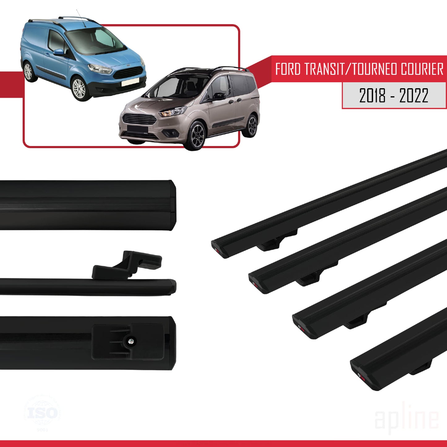 Compatible with Ford Transit/Tourneo Courier Post-Facelift 2018-2022 BASIC Model Car Roof Rack Cross Bar Black Aluminium 4 Bars