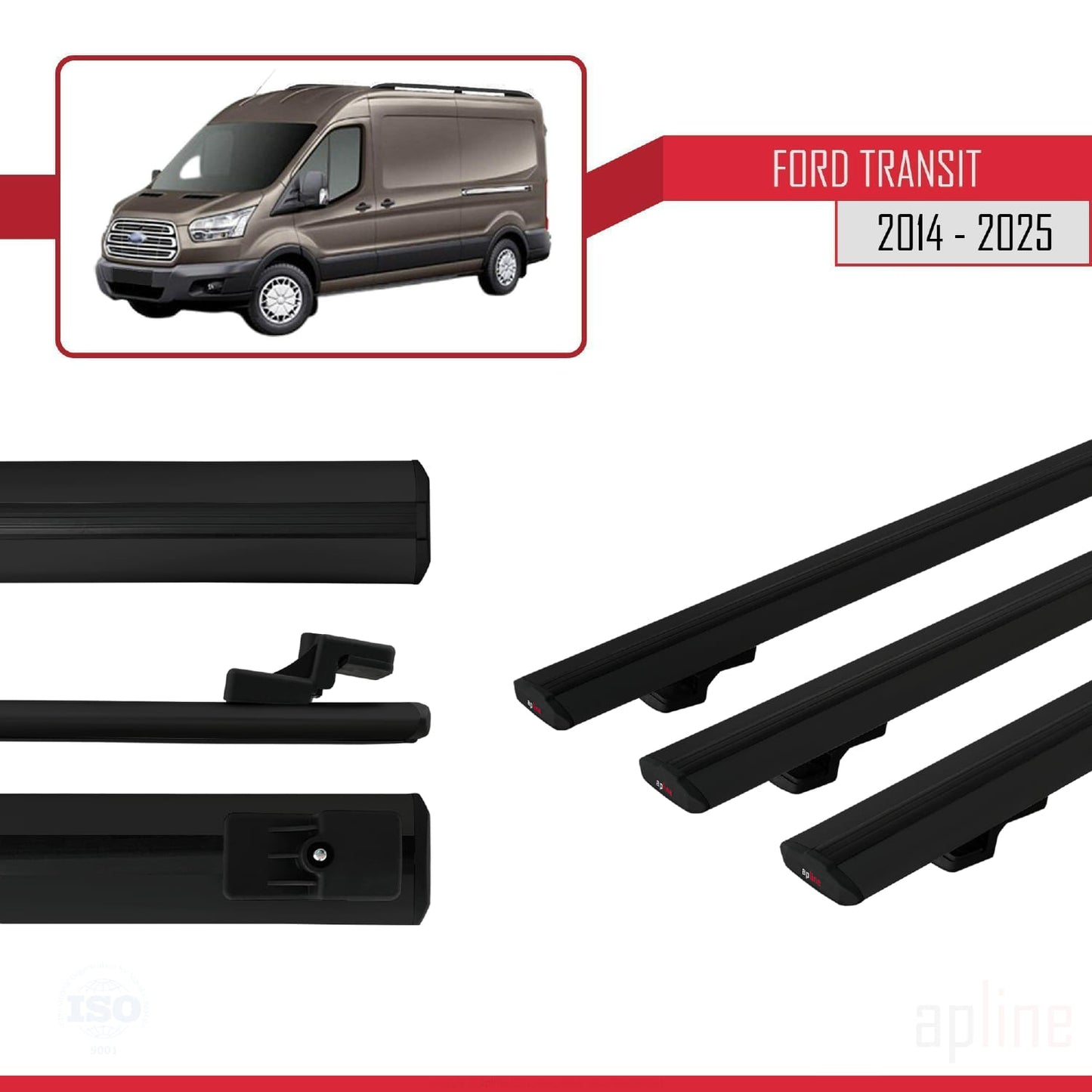 Compatible avec Ford Transit 2014-2025 BASIC Model Barres de Toit Railing Porte-Bagages de Voiture Noir Aluminium 3 Barres