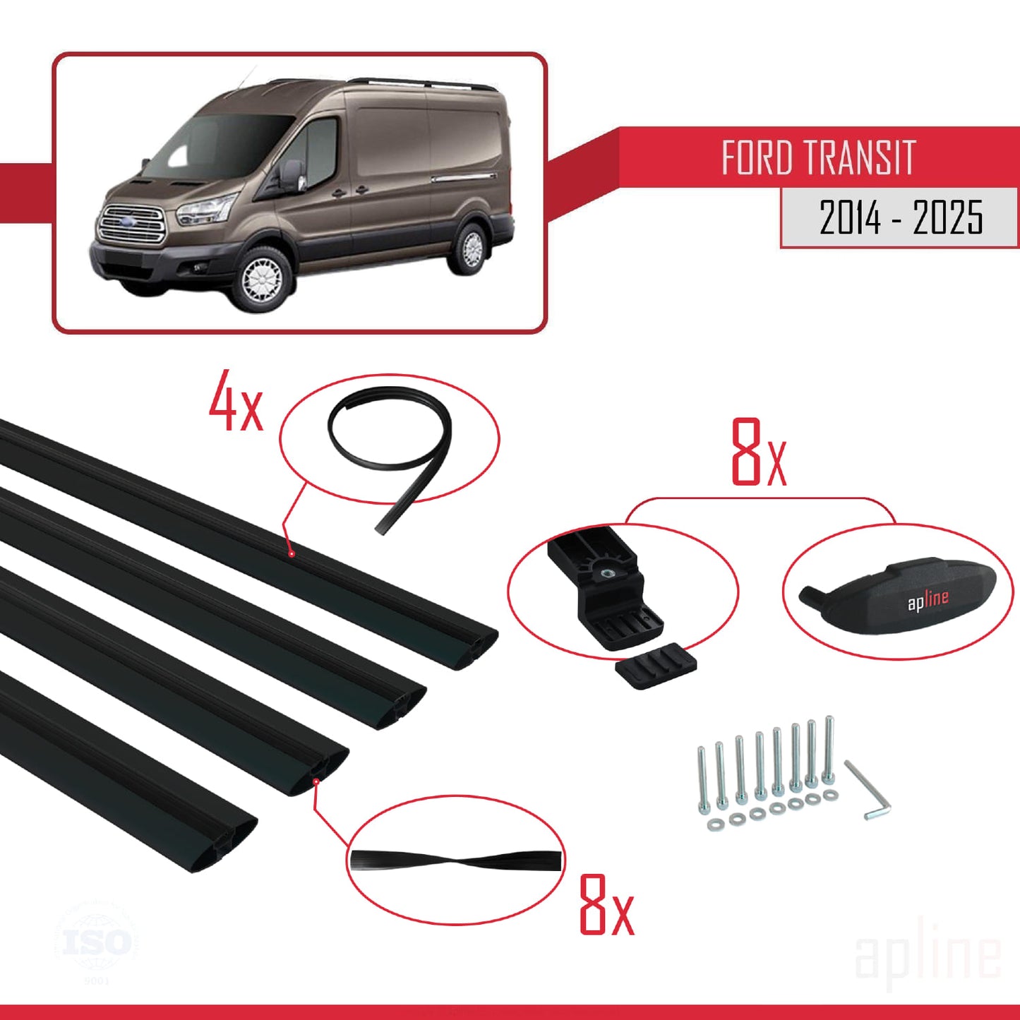 Compatible with Ford Transit 2014-2025 BASIC Model Car Roof Rack Cross Bar Black Aluminium 4 Bars