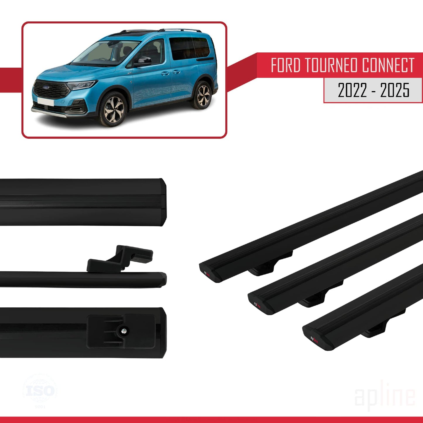 Compatible avec Ford Transit/Tourneo Connect 3 2022-2025 BASIC Model Barres de Toit Railing Porte-Bagages de Voiture Noir Aluminium 3 Barres