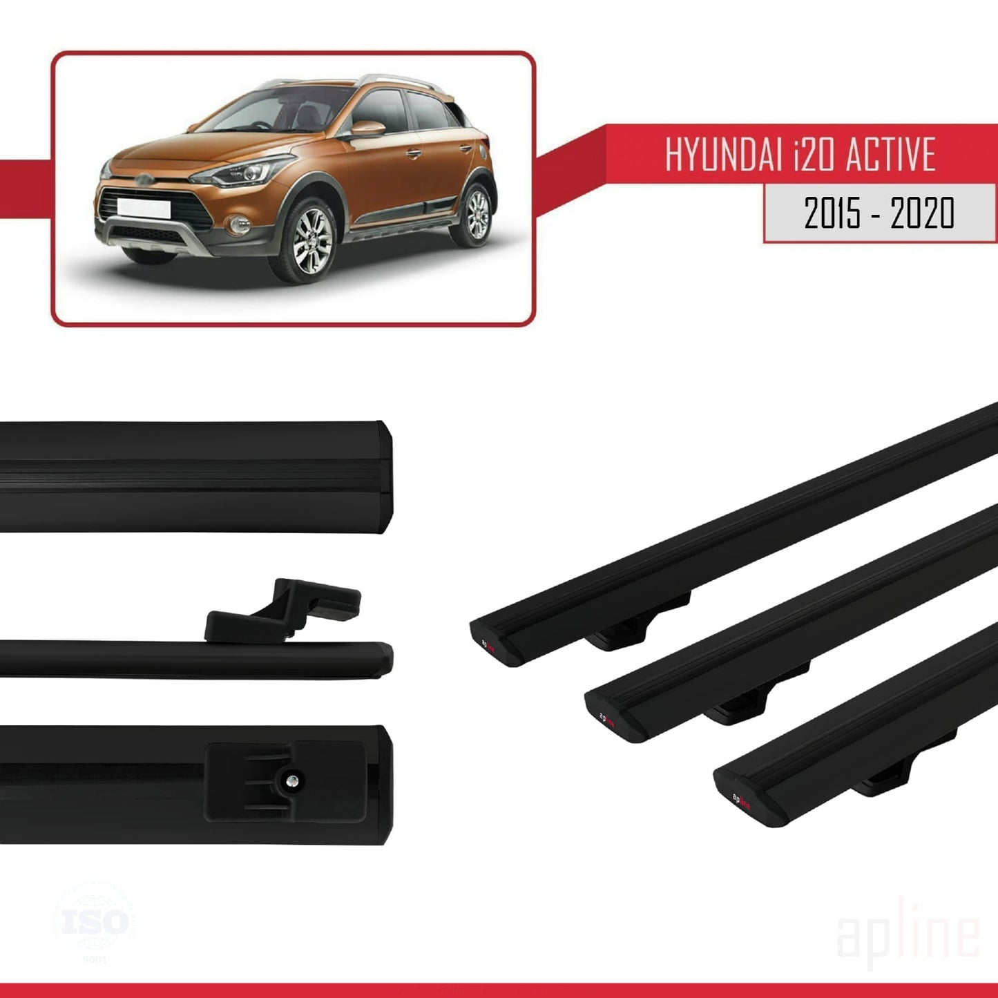 Compatible avec Hyundai i20 II Active 2015-2019 BASIC Model Barres de Toit Railing Porte-Bagages de Voiture Noir Aluminium 3 Barres