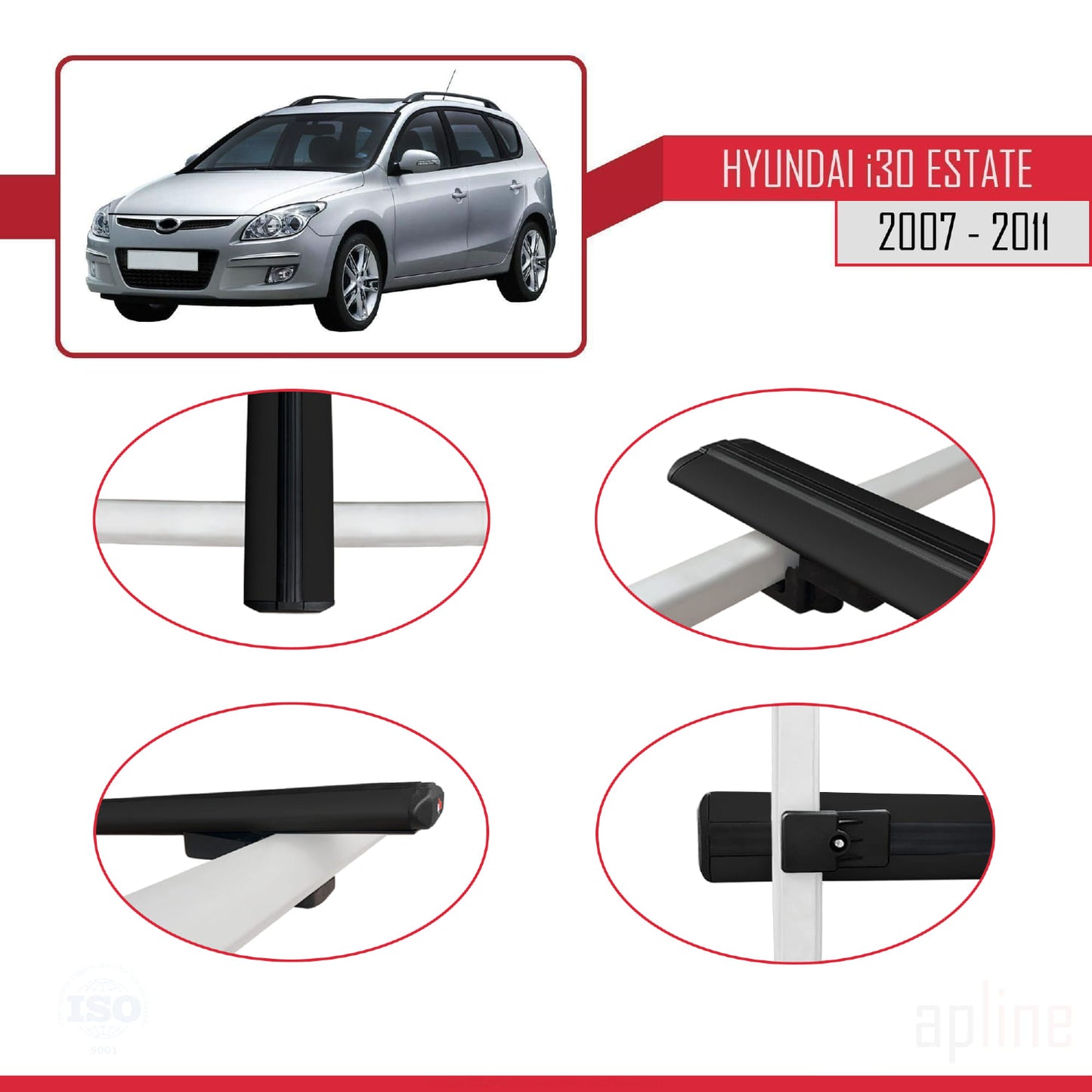 Compatible avec Hyundai i30 (FD) Break 2007-2011 BASIC Model Barres de Toit Railing Porte-Bagages de Voiture Noir Aluminium 3 Barres