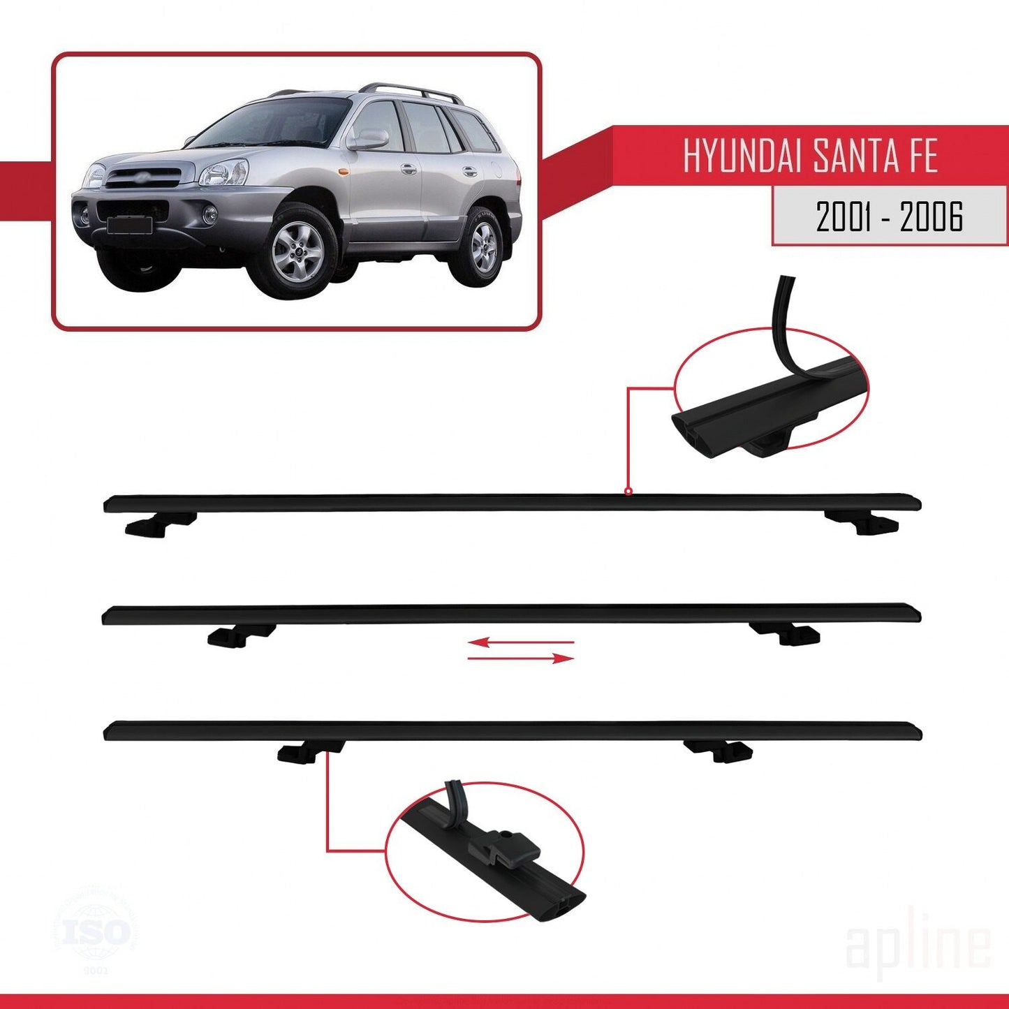 Compatible avec Hyundai Santa Fe (SM) 2001-2006 BASIC Model Barres de Toit Railing Porte-Bagages de Voiture Noir Aluminium 2 Barres