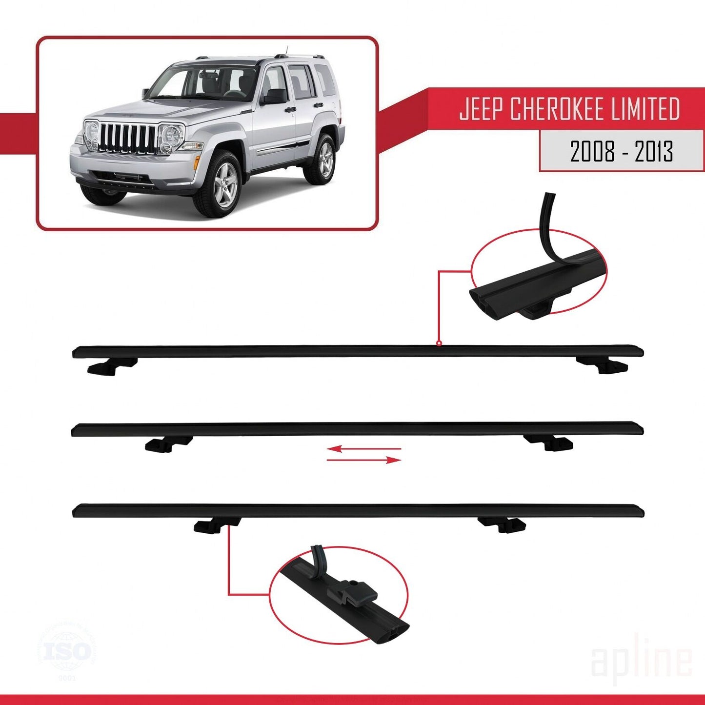Compatible avec Jeep Cherokee 4 (KK) 2008-2013 BASIC Model Barres de Toit Railing Porte-Bagages de Voiture Noir Aluminium 3 Barres