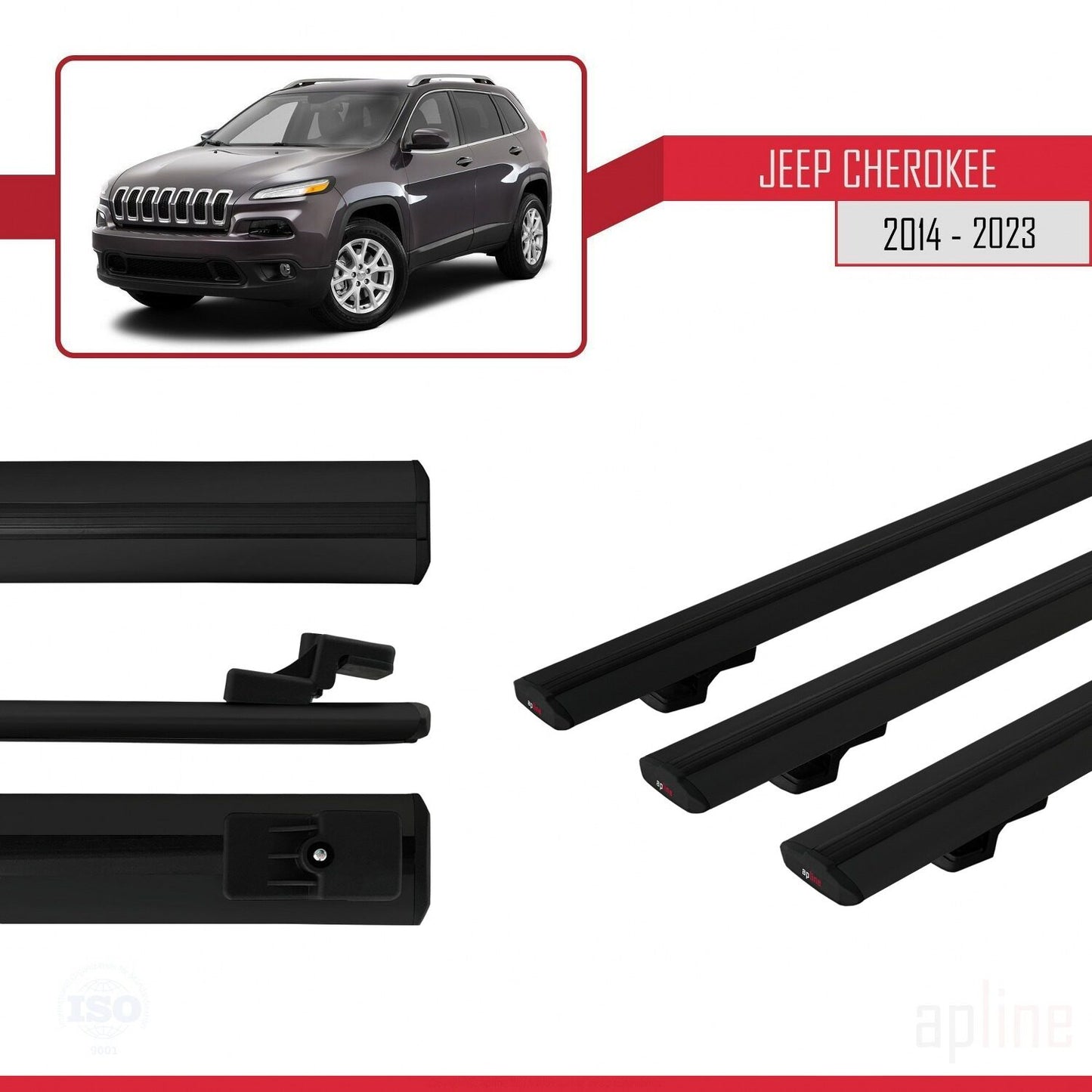 Compatible avec Jeep Cherokee 5 (KL) 2014-2023 BASIC Model Barres de Toit Railing Porte-Bagages de Voiture Noir Aluminium 3 Barres