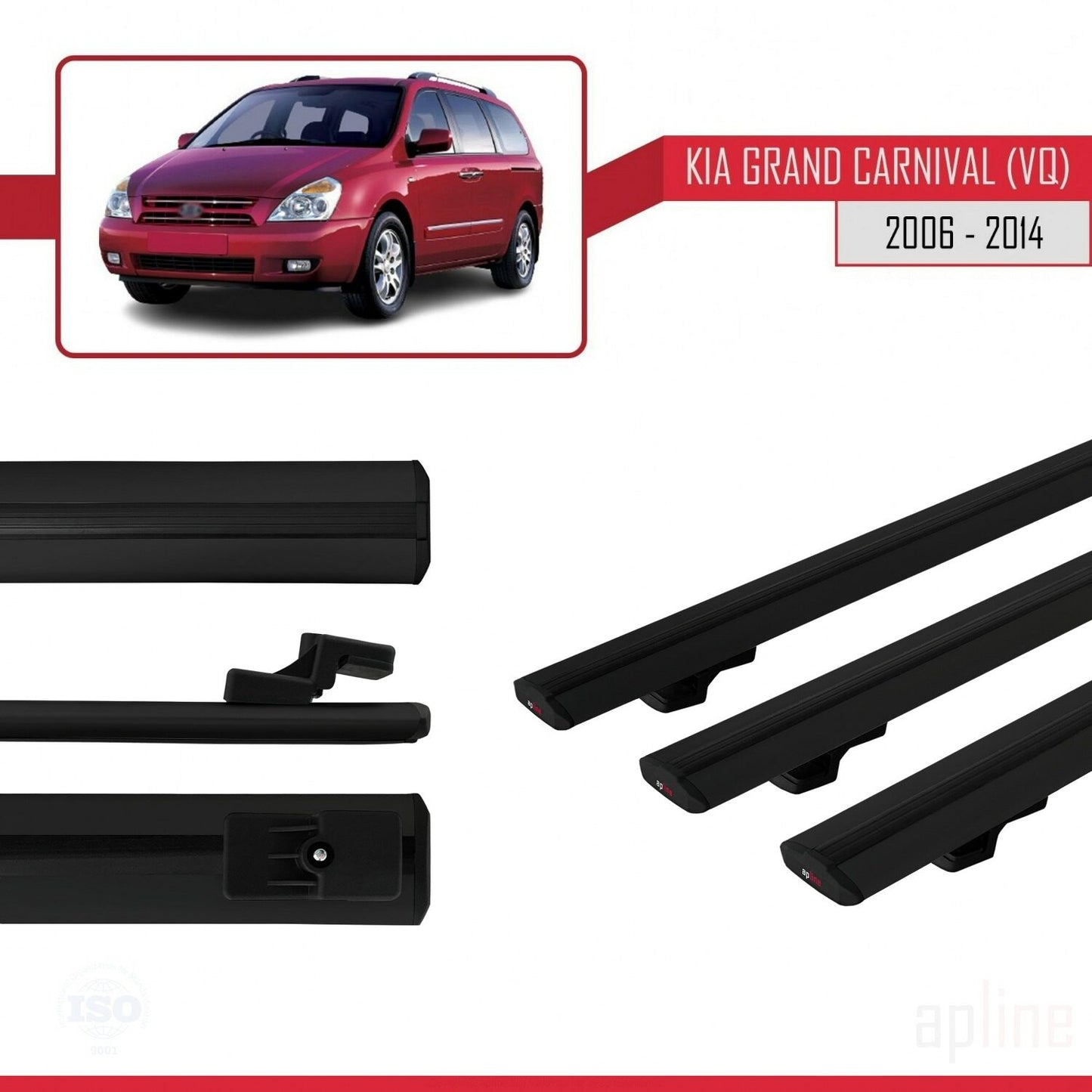 Compatible avec Kia Carnival 2 (VQ) 2006-2014 BASIC Model Barres de Toit Railing Porte-Bagages de Voiture Noir Aluminium 3 Barres