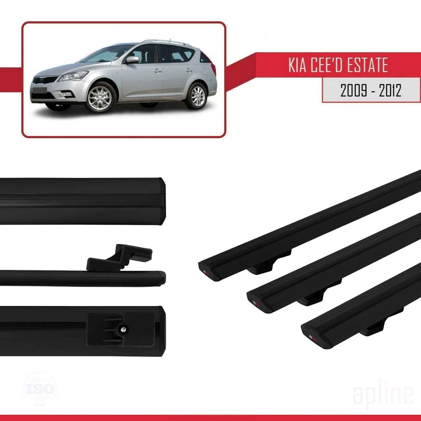 Compatible with Kia Ceed (ED) SW Post-Facelift 2009-2012 BASIC Model Car Roof Rack Cross Bar Black Aluminium 3 Bars