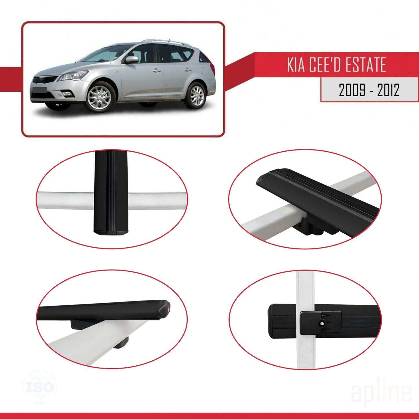 Compatible with Kia Ceed (ED) SW Post-Facelift 2009-2012 BASIC Model Car Roof Rack Cross Bar Black Aluminium 3 Bars