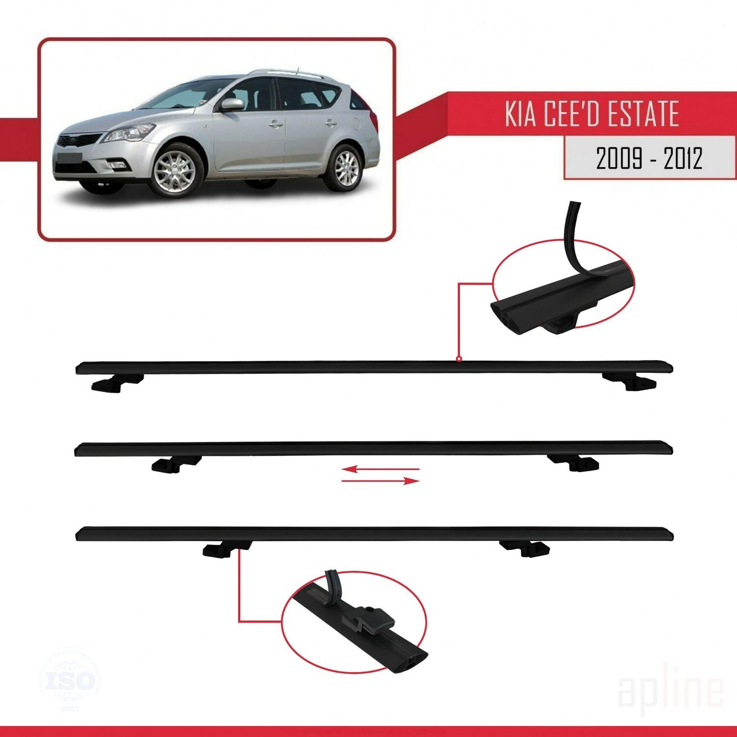 Compatible with Kia Ceed (ED) SW Post-Facelift 2009-2012 BASIC Model Car Roof Rack Cross Bar Black Aluminium 2 Bars