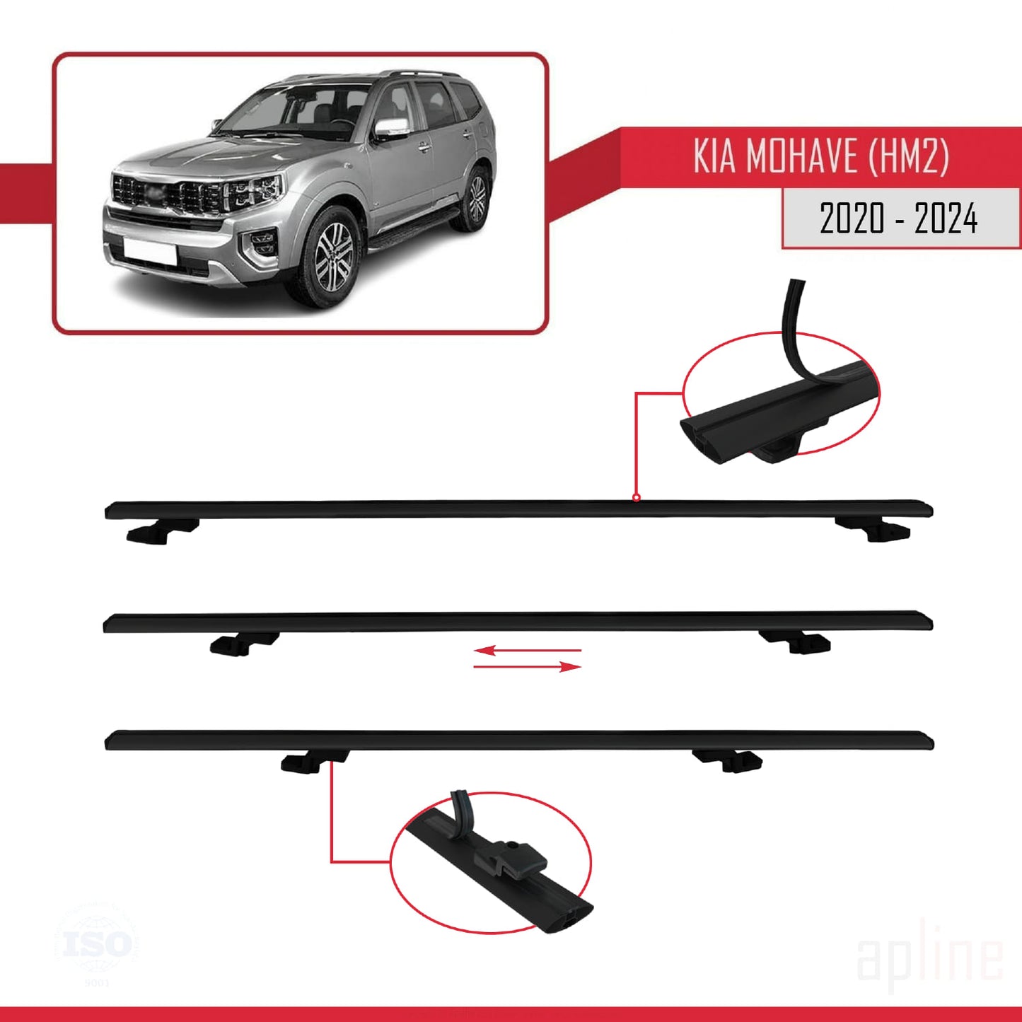 Compatible avec Kia Mohave 2 (HM2) 2020-2024 BASIC Model Barres de Toit Railing Porte-Bagages de Voiture Noir Aluminium 3 Barres