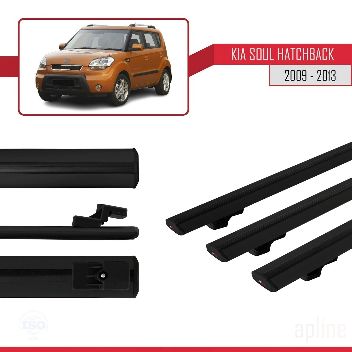 Compatible avec Kia Soul (AM) HB 2009-2013 BASIC Model Barres de Toit Railing Porte-Bagages de Voiture Noir Aluminium 3 Barres