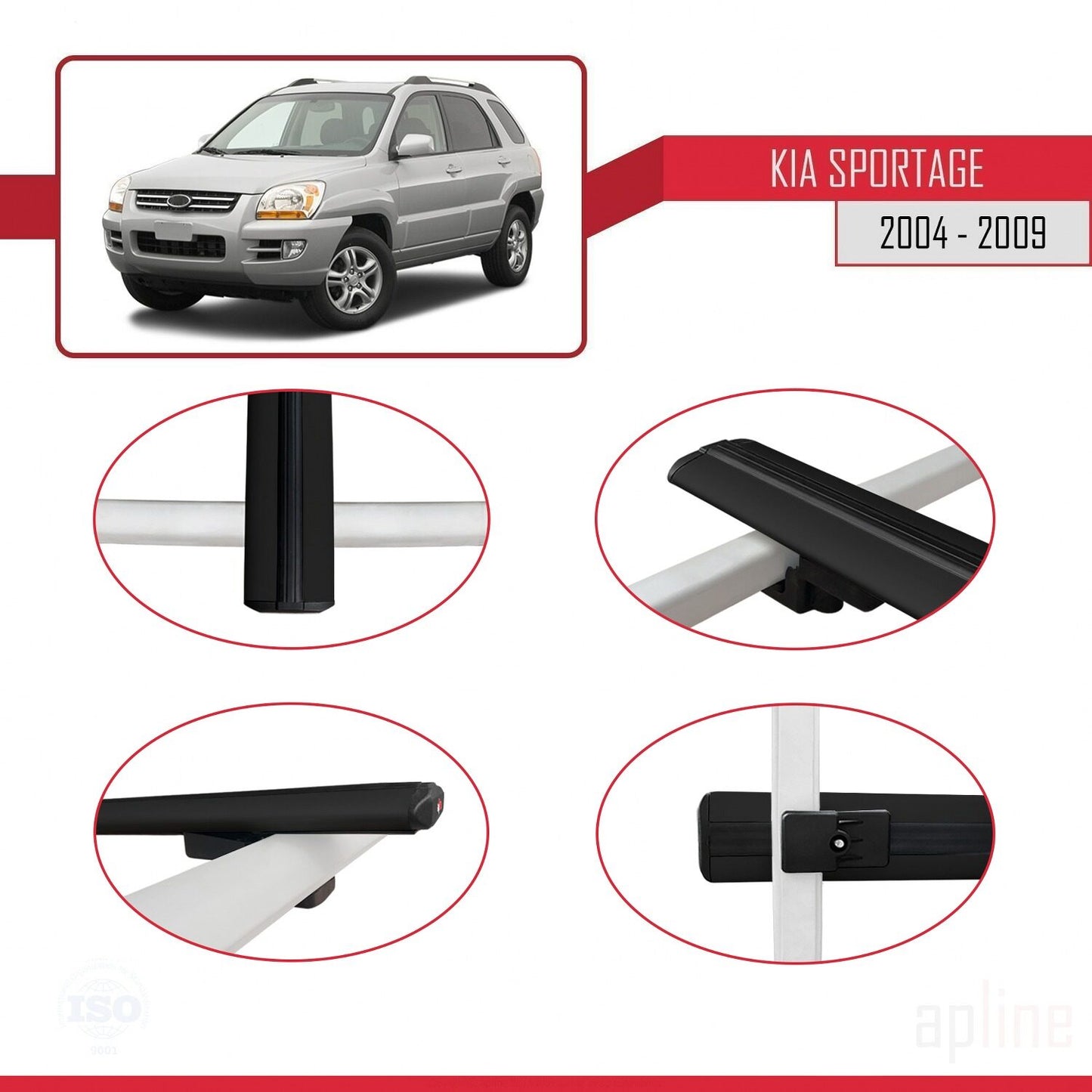 Compatible con Kia Sportage 2 (JE) 2004-2009 BASIC Model Barras de Techo Auto Portaequipajes Barras Transversales Negro Aluminio 2 Barras