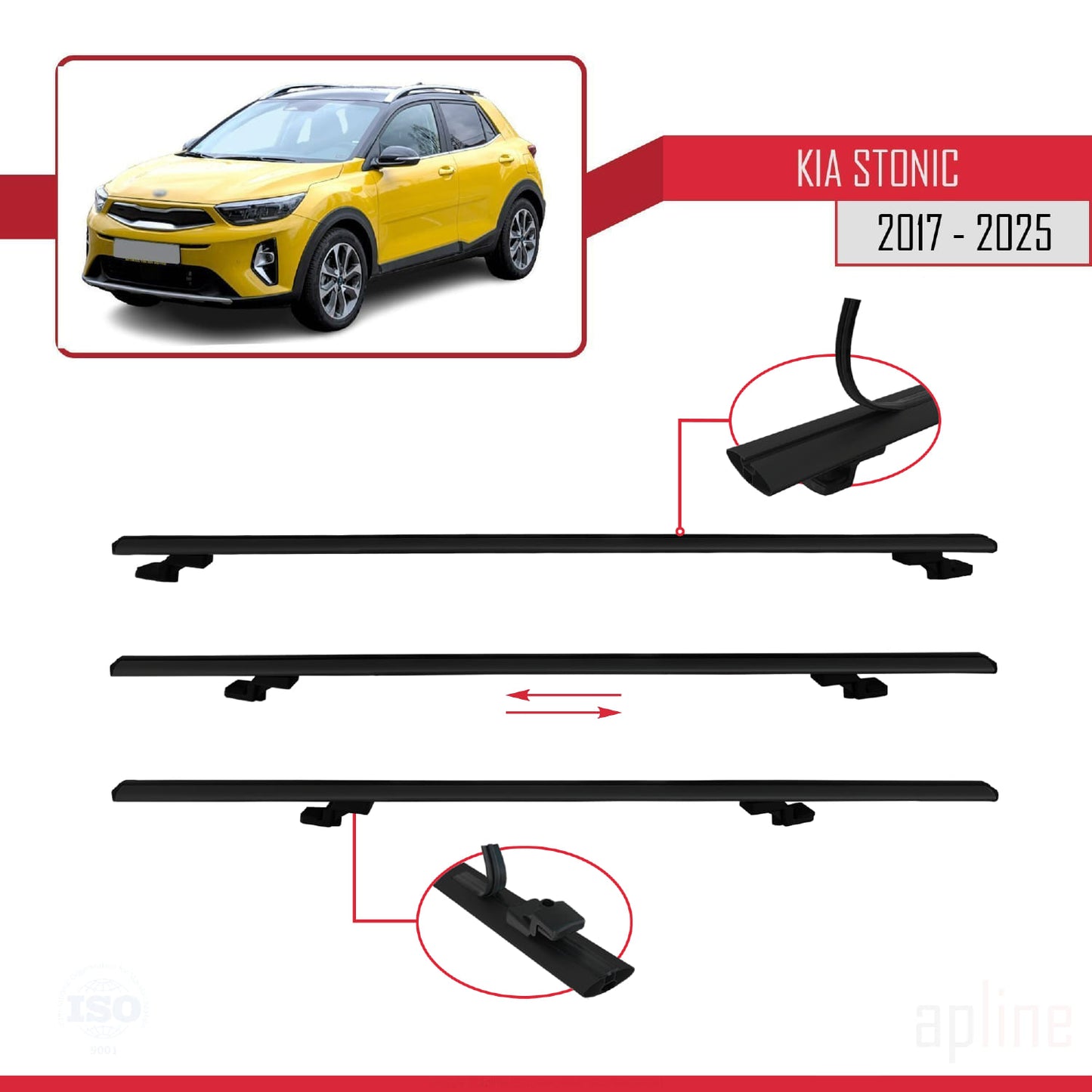 Compatible avec Kia Stonic 2017-2025 BASIC Model Barres de Toit Railing Porte-Bagages de Voiture Noir Aluminium 3 Barres