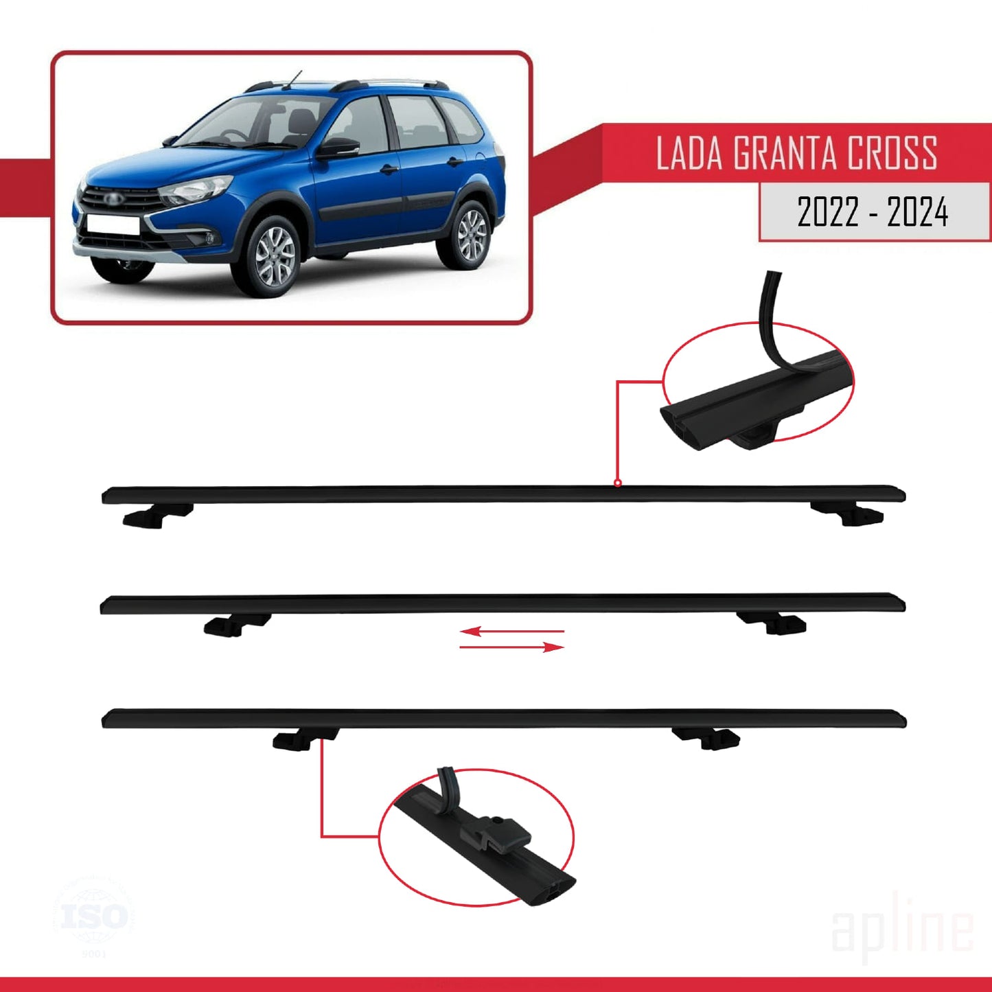 Compatible avec Lada Granta Cross 2022-2024 BASIC Model Barres de Toit Railing Porte-Bagages de Voiture Noir Aluminium 2 Barres