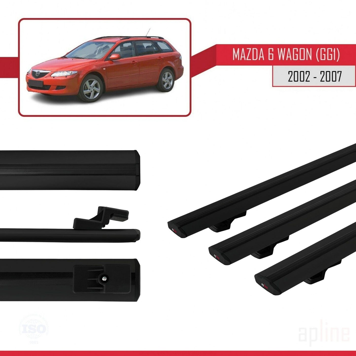 Compatible avec Mazda 6 I (GG1) 2002-2007 BASIC Model Barres de Toit Railing Porte-Bagages de Voiture Noir Aluminium 3 Barres