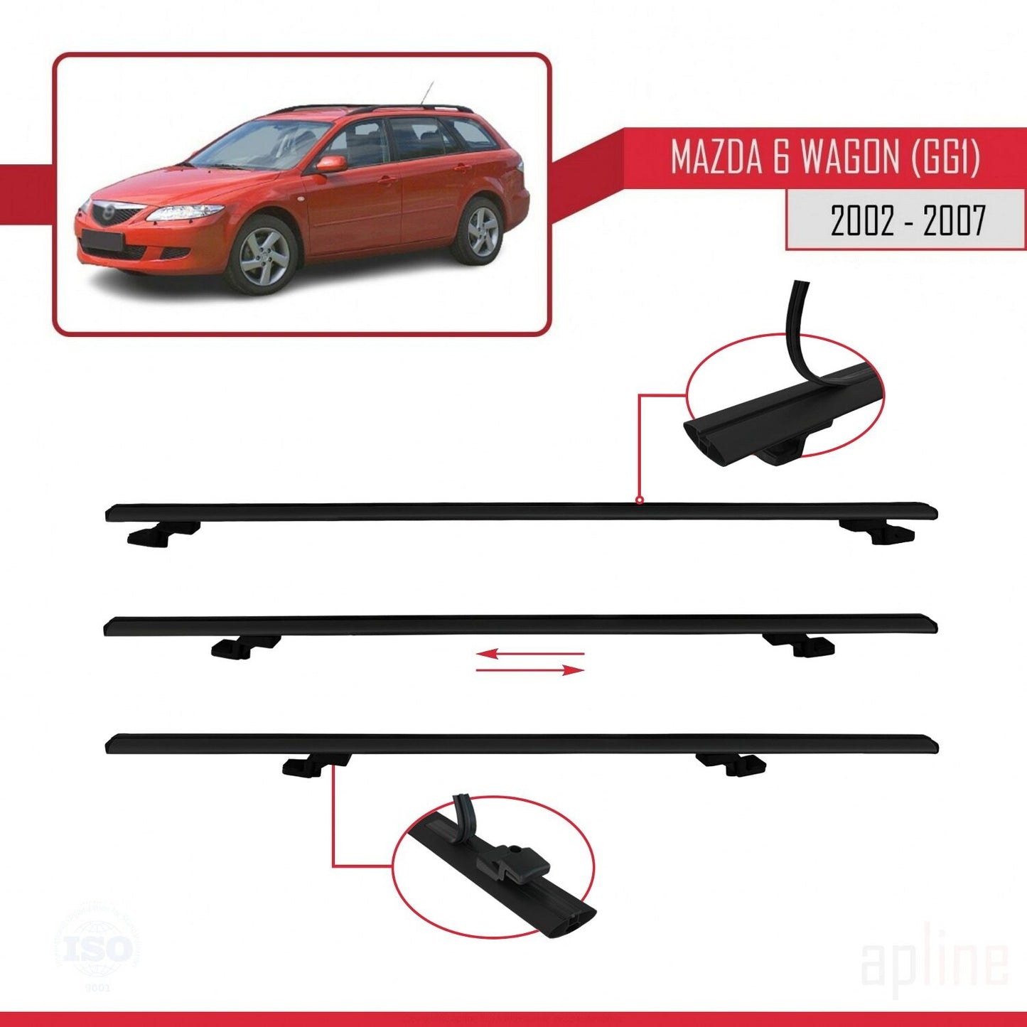 Compatible avec Mazda 6 I (GG1) 2002-2007 BASIC Model Barres de Toit Railing Porte-Bagages de Voiture Noir Aluminium 2 Barres