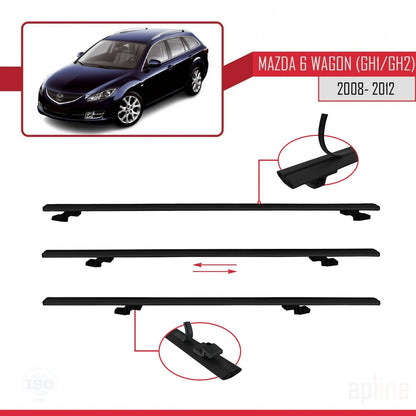 Compatible avec Mazda 6 II (GZ) Wagon 2008-2012 BASIC Model Barres de Toit Railing Porte-Bagages de Voiture Noir Aluminium 3 Barres