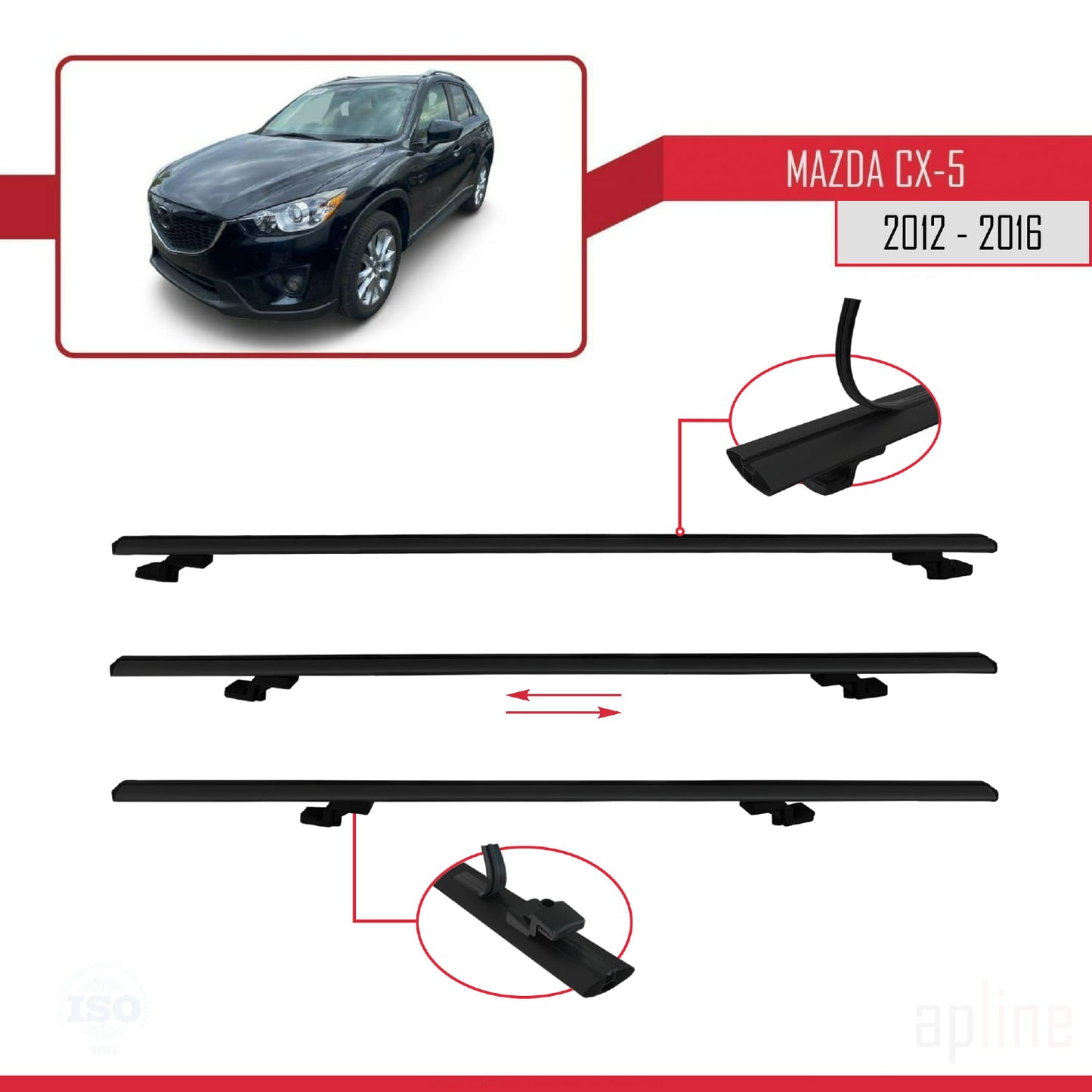 Compatible avec Mazda CX-5 I (KE) 2012-2016 BASIC Model Barres de Toit Railing Porte-Bagages de Voiture Noir Aluminium 3 Barres