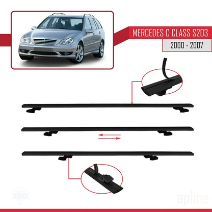 Compatible avec Mercedes Classe C 2 (S203) 2000-2007 BASIC Model Barres de Toit Railing Porte-Bagages de Voiture Noir Aluminium 3 Barres