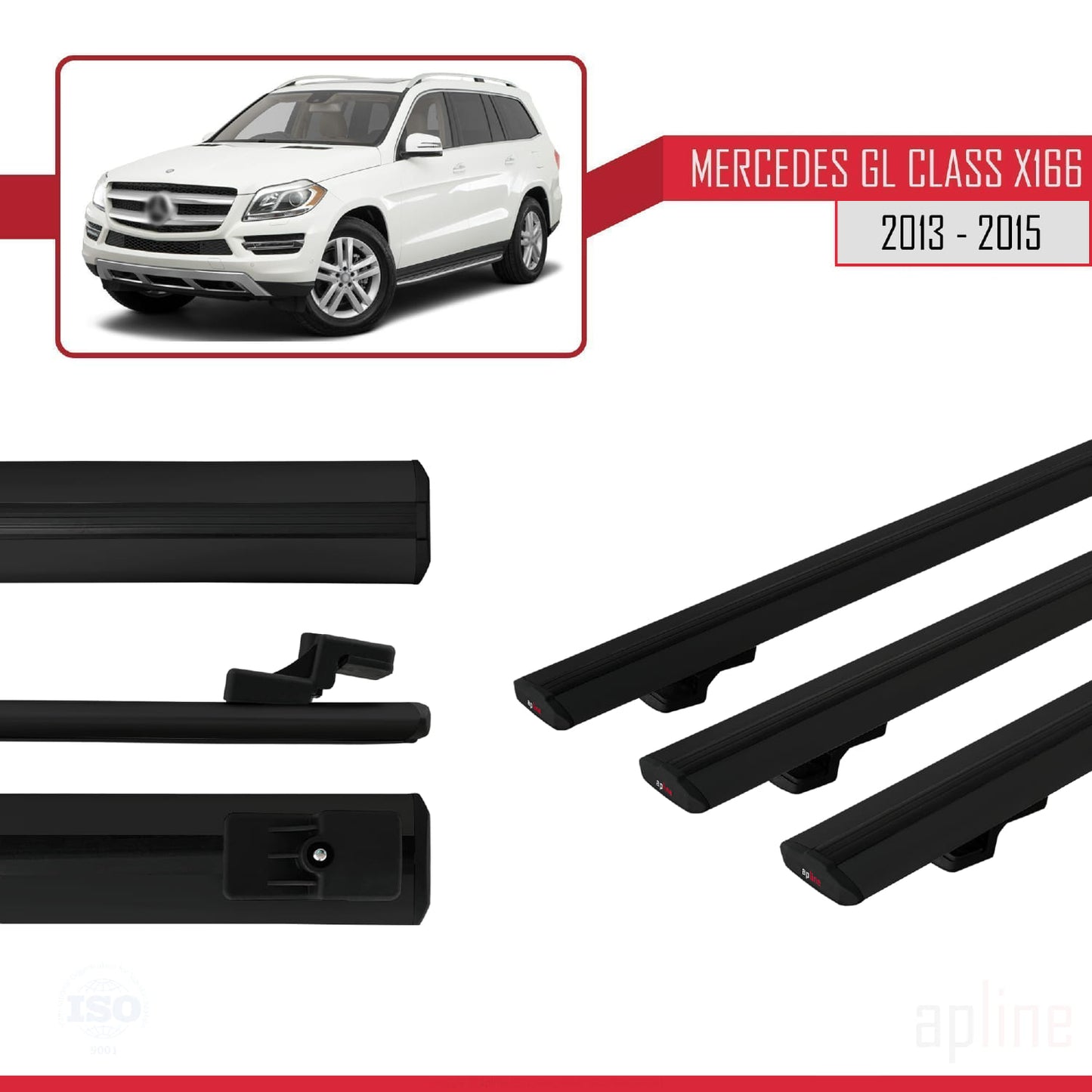 Compatible avec Mercedes Classe GL 2 (X166) Pre-Facelift 2013-2015 BASIC Model Barres de Toit Railing Porte-Bagages de Voiture Noir Aluminium 3 Barres