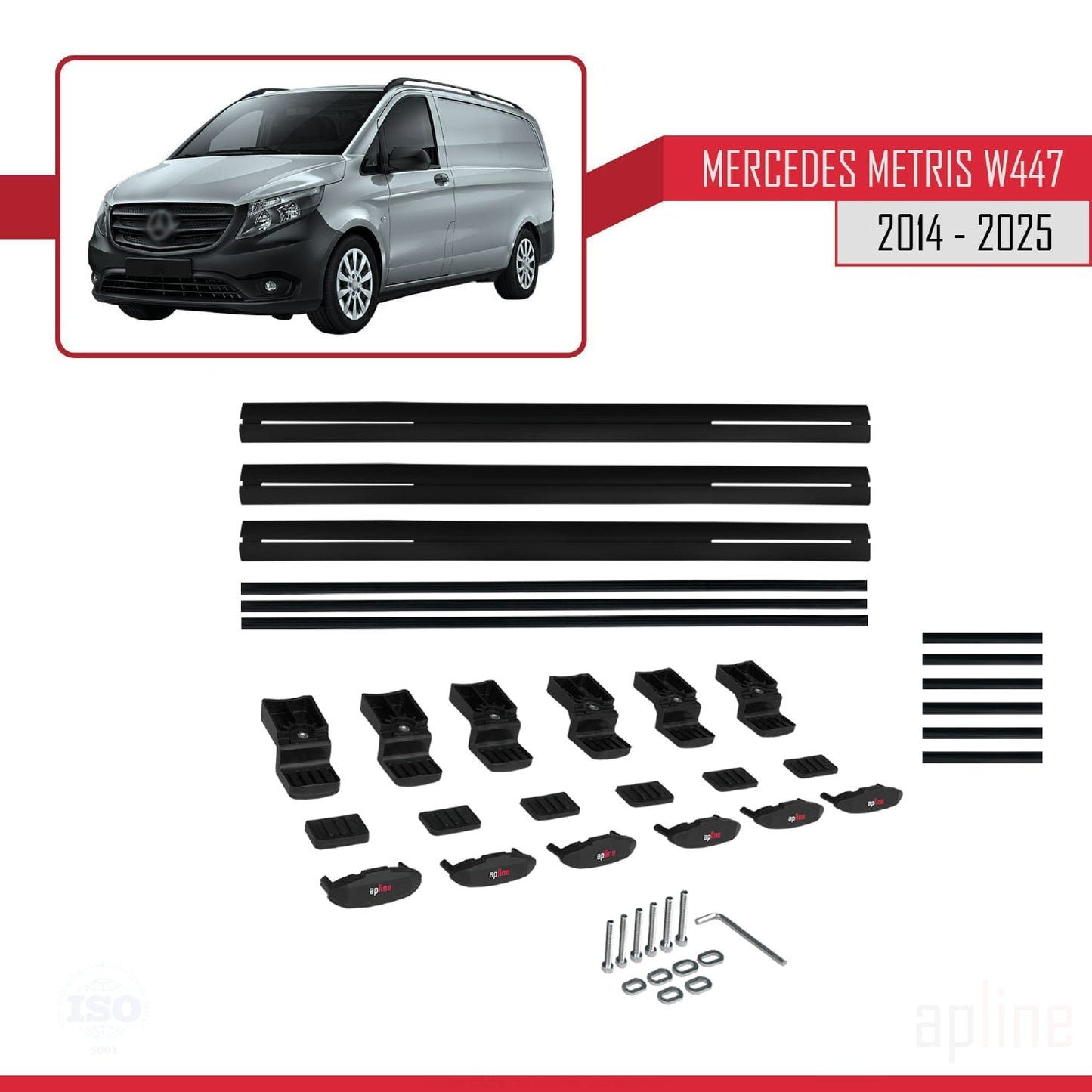 Compatible with Mercedes Metris (W447) 2014-2025 BASIC Model Car Roof Rack Cross Bar Black Aluminium 3 Bars