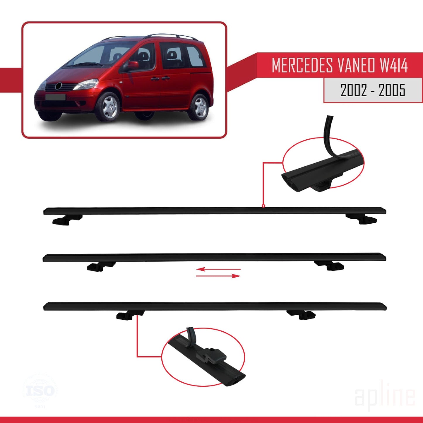Compatible with Mercedes Vaneo (W414) 2002-2005 BASIC Model Car Roof Rack Cross Bar Black Aluminium 4 Bars