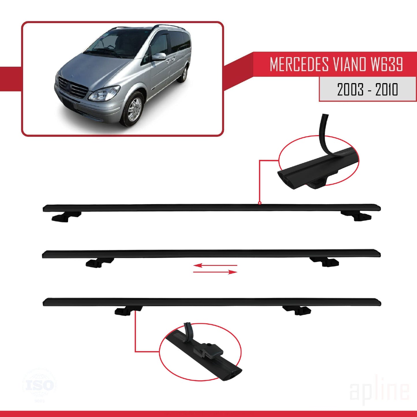Compatible with Mercedes Viano 2 (W639) Pre-Facelift 2003-2010 BASIC Model Car Roof Rack Cross Bar Black Aluminium 4 Bars