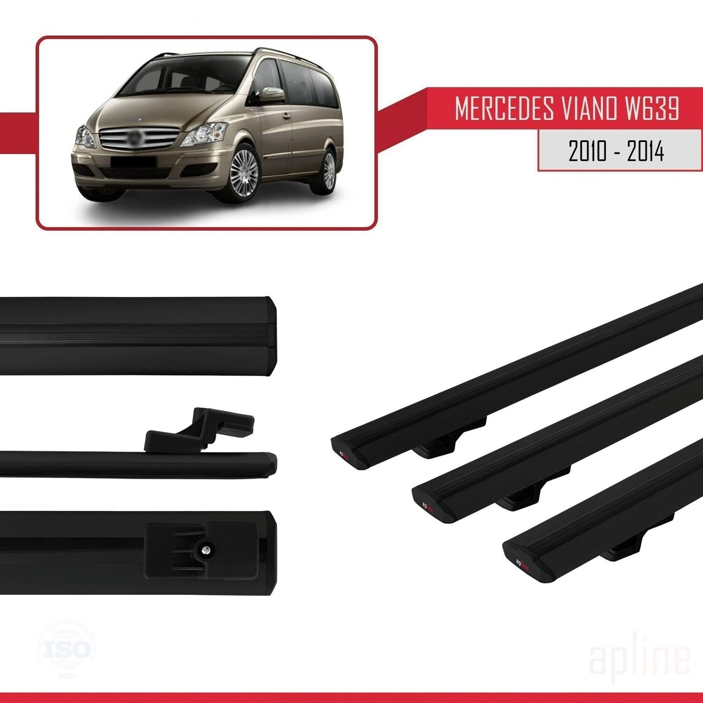 Compatible with Mercedes Viano 2 (W639) Post-Facelift 2010-2014 BASIC Model Car Roof Rack Cross Bar Black Aluminium 3 Bars
