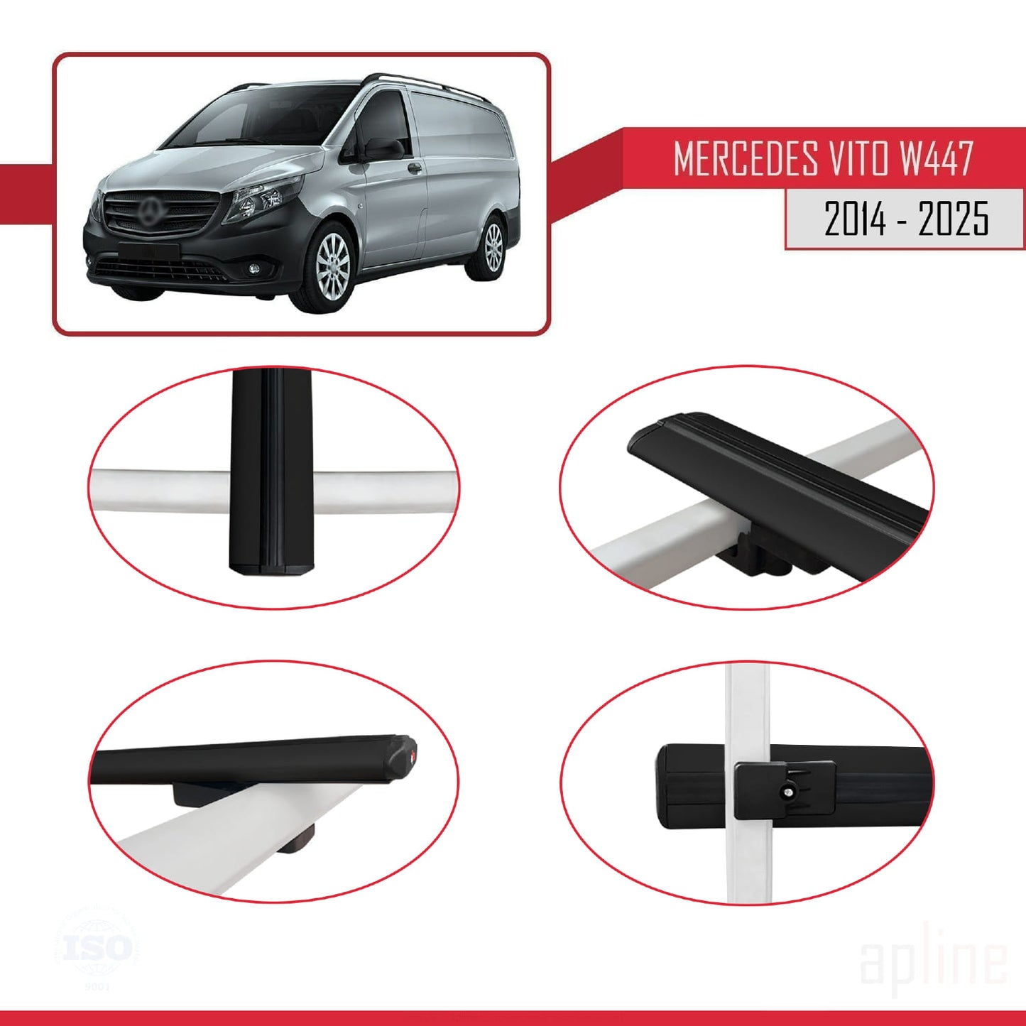 Compatible avec Mercedes Vito 3 (W447) 2014-2025 BASIC Model Barres de Toit Railing Porte-Bagages de Voiture Noir Aluminium 2 Barres