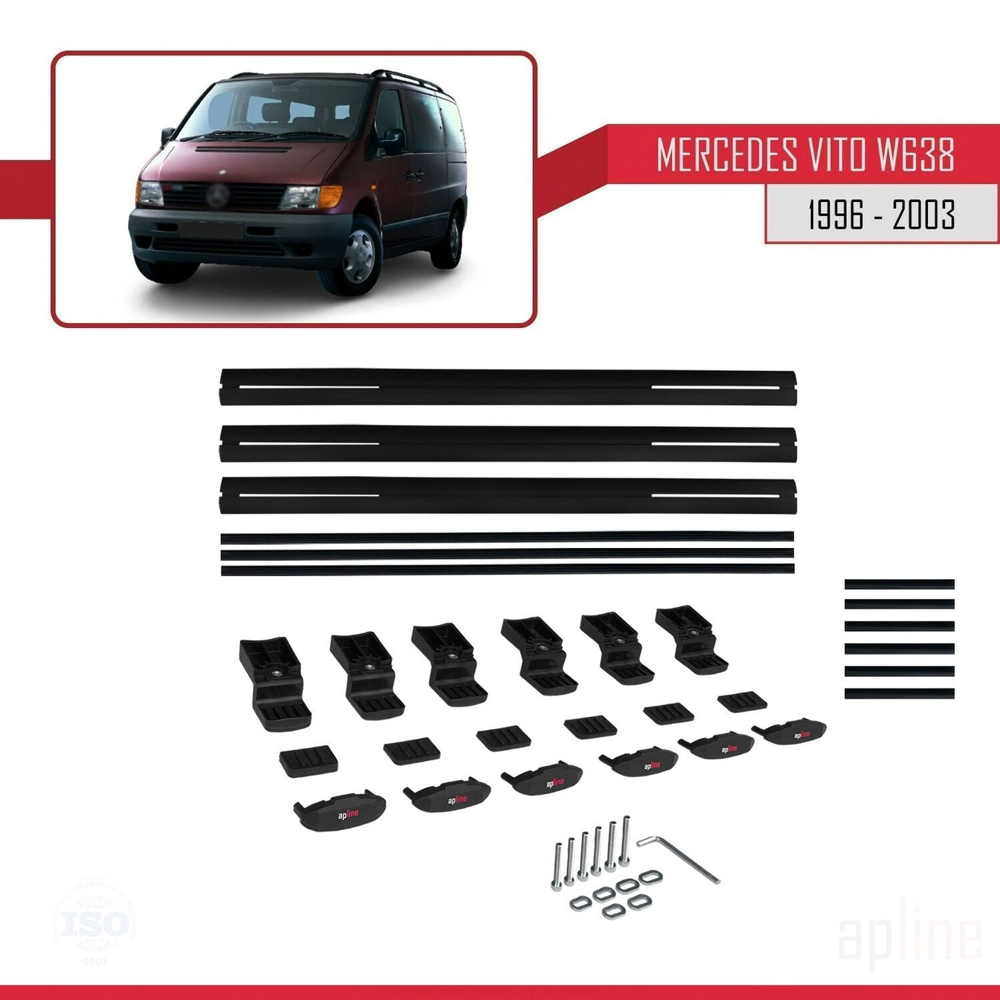 Compatible avec Mercedes Vito (W638) 1996-2003 BASIC Model Barres de Toit Railing Porte-Bagages de Voiture Noir Aluminium 3 Barres