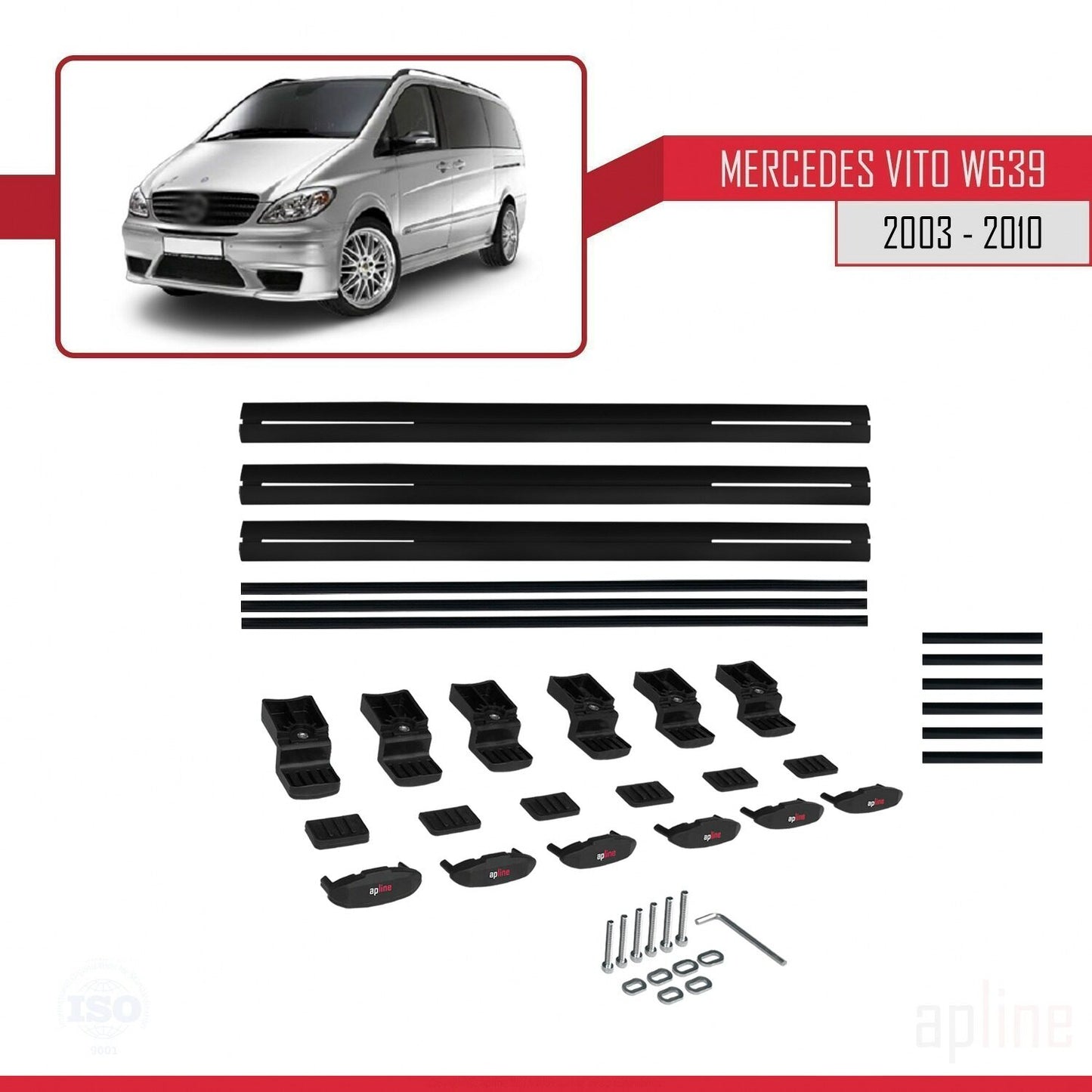 Compatible avec Mercedes Vito 2 (W639) Pre-Facelift 2003-2010 BASIC Model Barres de Toit Railing Porte-Bagages de Voiture Noir Aluminium 3 Barres