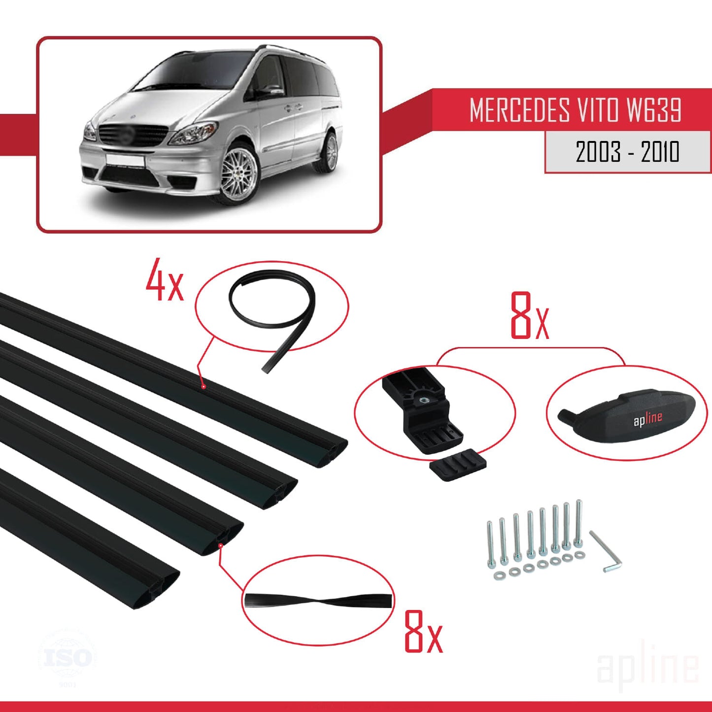 Compatible avec Mercedes Vito 2 (W639) Pre-Facelift 2003-2010 BASIC Model Barres de Toit Railing Porte-Bagages de Voiture Noir Aluminium 4 Barres