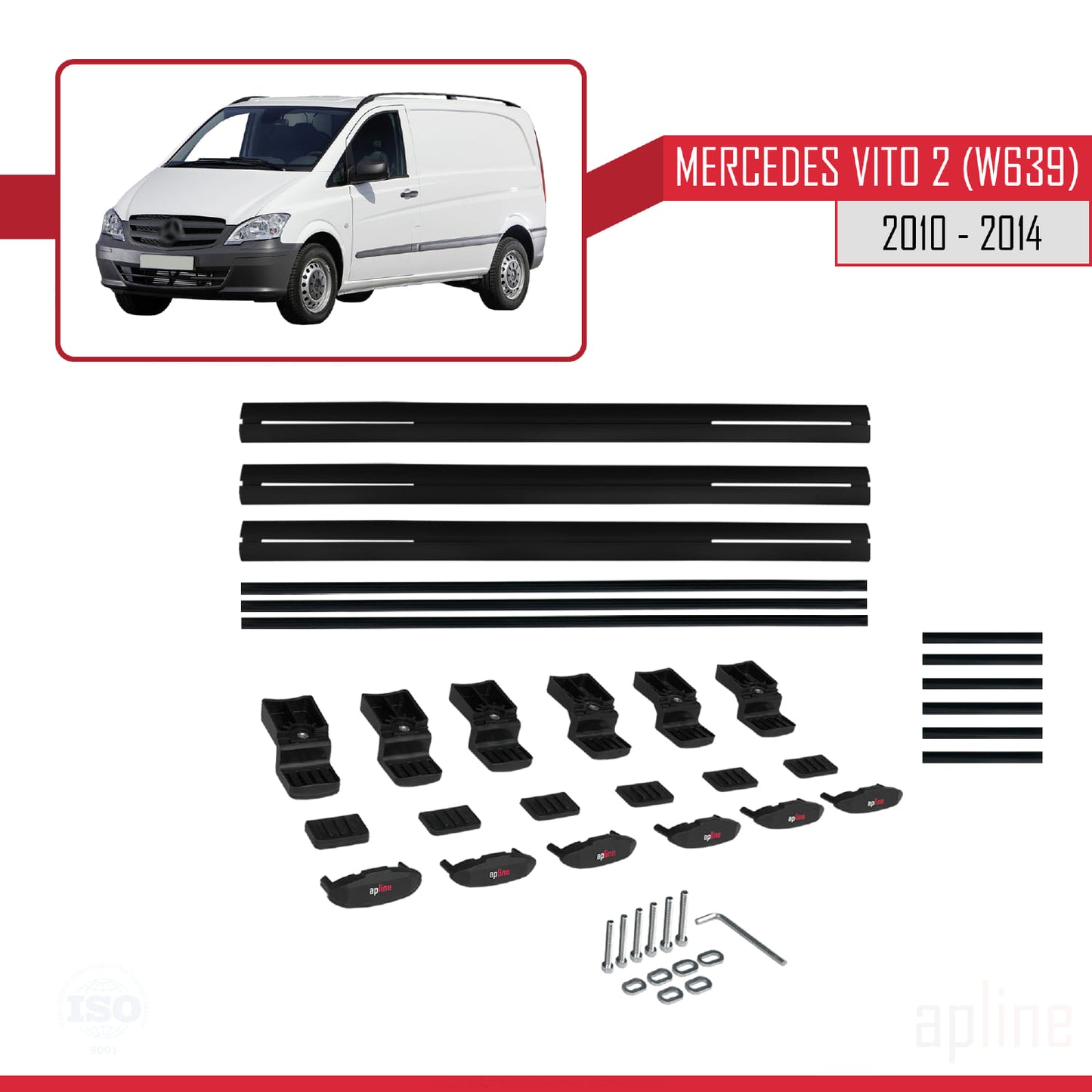 Compatible with Mercedes Vito 2 (W639) Post-Facelift 2010-2014 BASIC Model Car Roof Rack Cross Bar Black Aluminium 3 Bars
