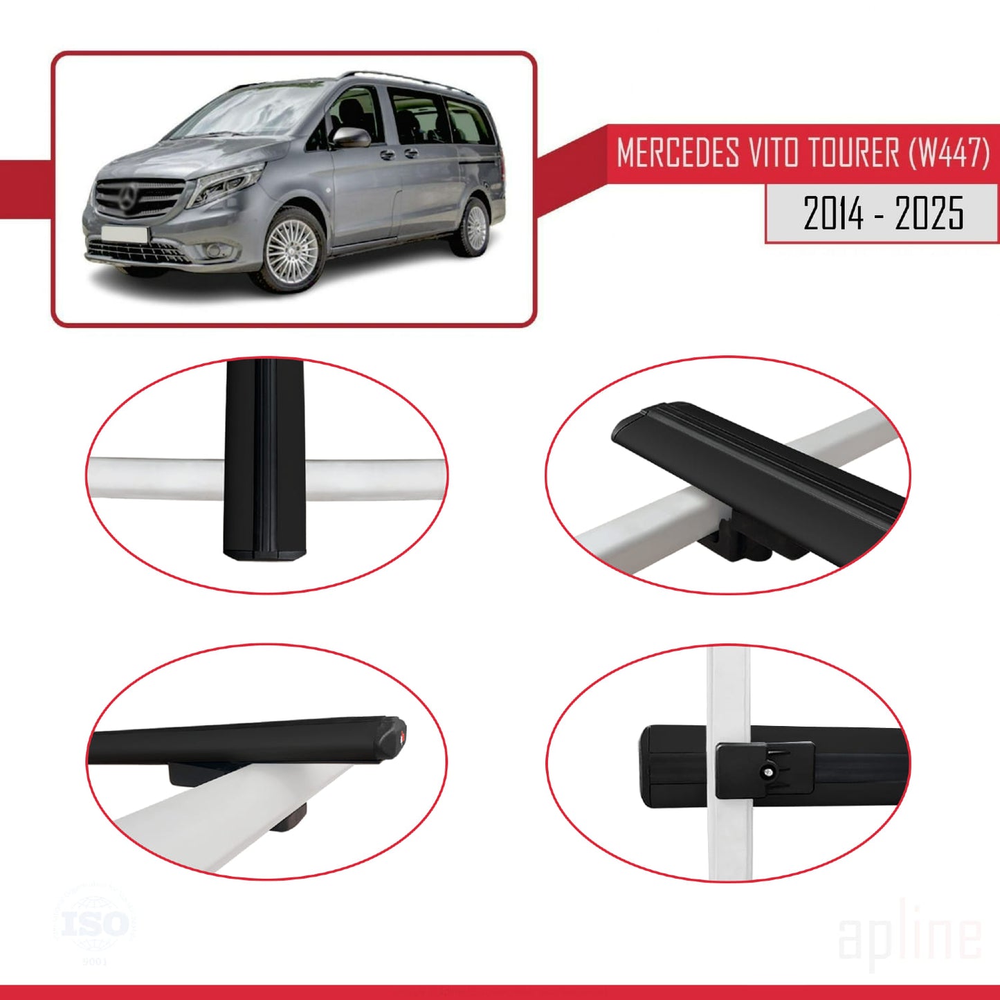 Compatible avec Mercedes Vito Tourer (W447) 2014-2025 BASIC Model Barres de Toit Railing Porte-Bagages de Voiture Noir Aluminium 3 Barres
