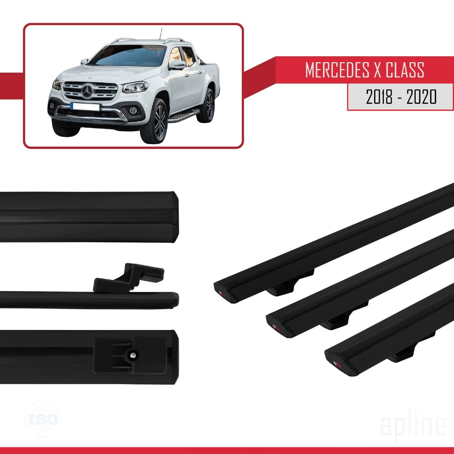 Compatible with Mercedes X Class (470) 2018-2020 BASIC Model Car Roof Rack Cross Bar Black Aluminium 3 Bars