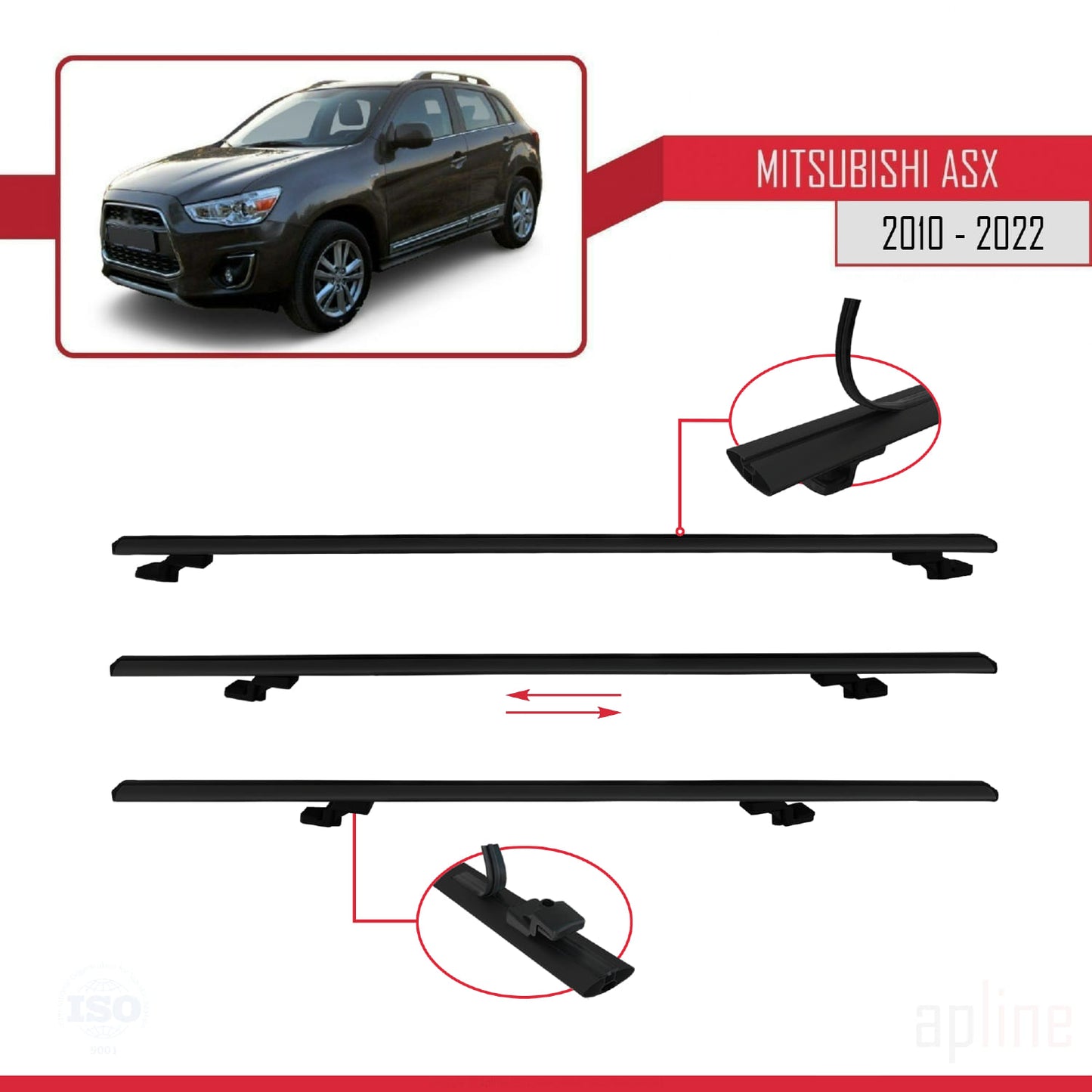Compatible avec Mitsubishi ASX (GA) 2010-2022 BASIC Model Barres de Toit Railing Porte-Bagages de Voiture Noir Aluminium 3 Barres