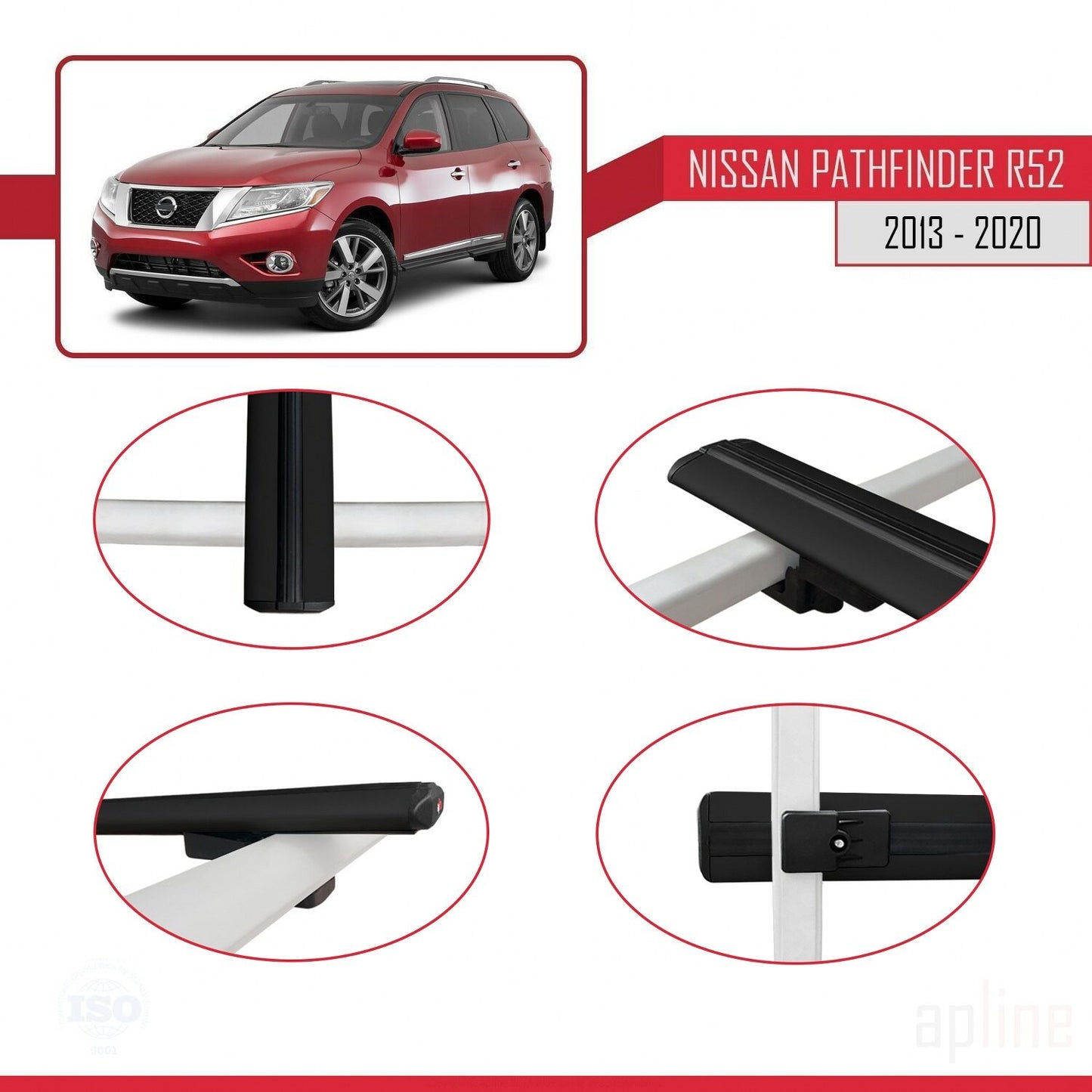 Compatible avec Nissan Pathfinder 4 (R52) 2013-2020 BASIC Model Barres de Toit Railing Porte-Bagages de Voiture Noir Aluminium 2 Barres