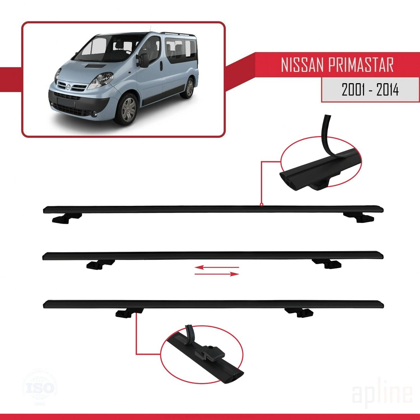 Compatible avec Nissan Primastar 2001-2014 BASIC Model Barres de Toit Railing Porte-Bagages de Voiture Noir Aluminium 2 Barres