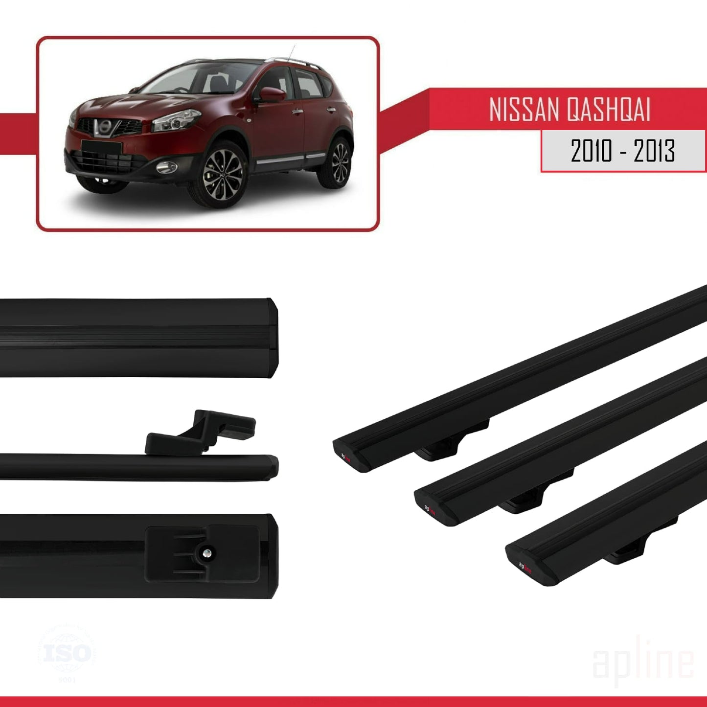 Compatible avec Nissan Qashqai (J10) Post-Facelift 2010-2013 BASIC Model Barres de Toit Railing Porte-Bagages de Voiture Noir Aluminium 3 Barres