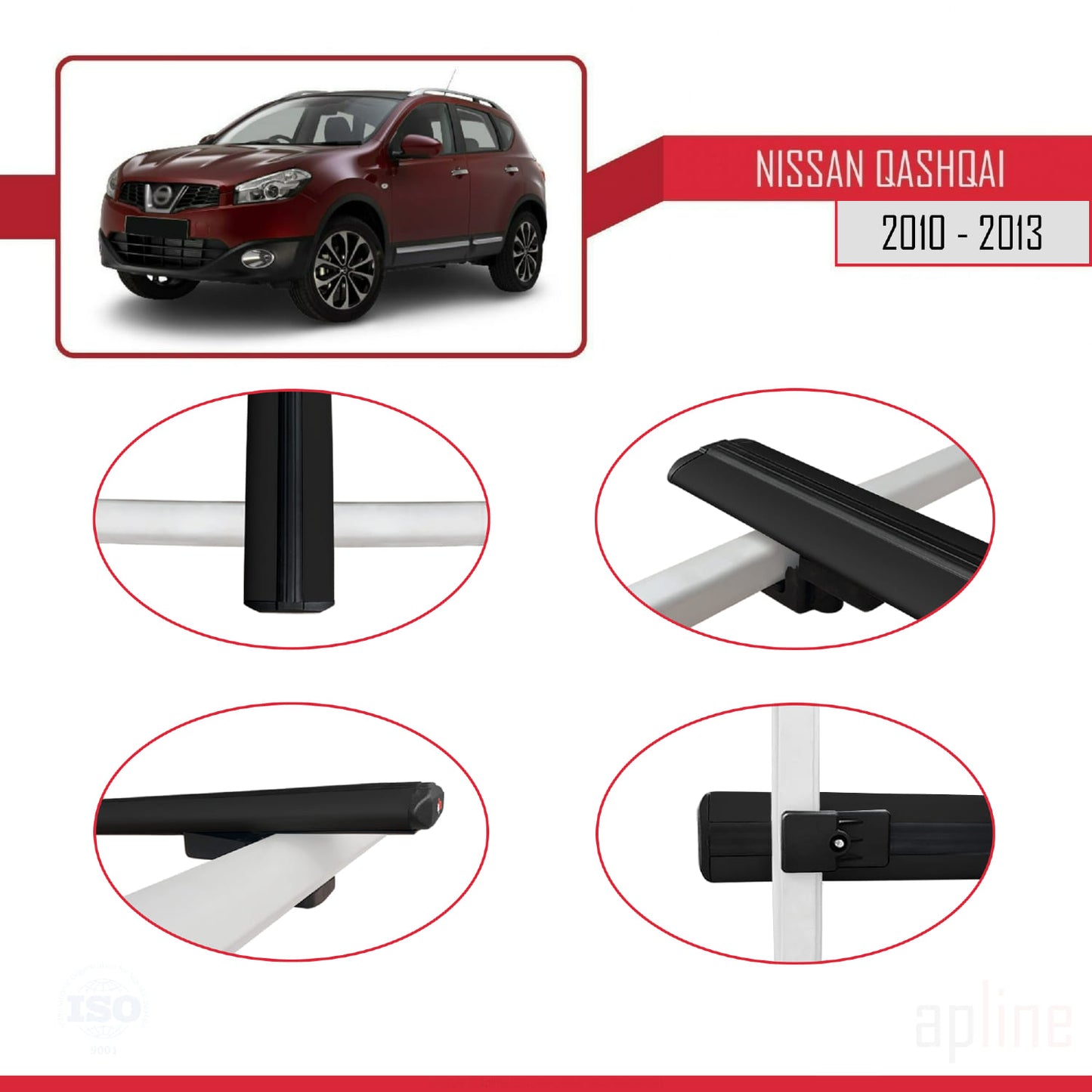 Compatible avec Nissan Qashqai (J10) Post-Facelift 2010-2013 BASIC Model Barres de Toit Railing Porte-Bagages de Voiture Noir Aluminium 3 Barres