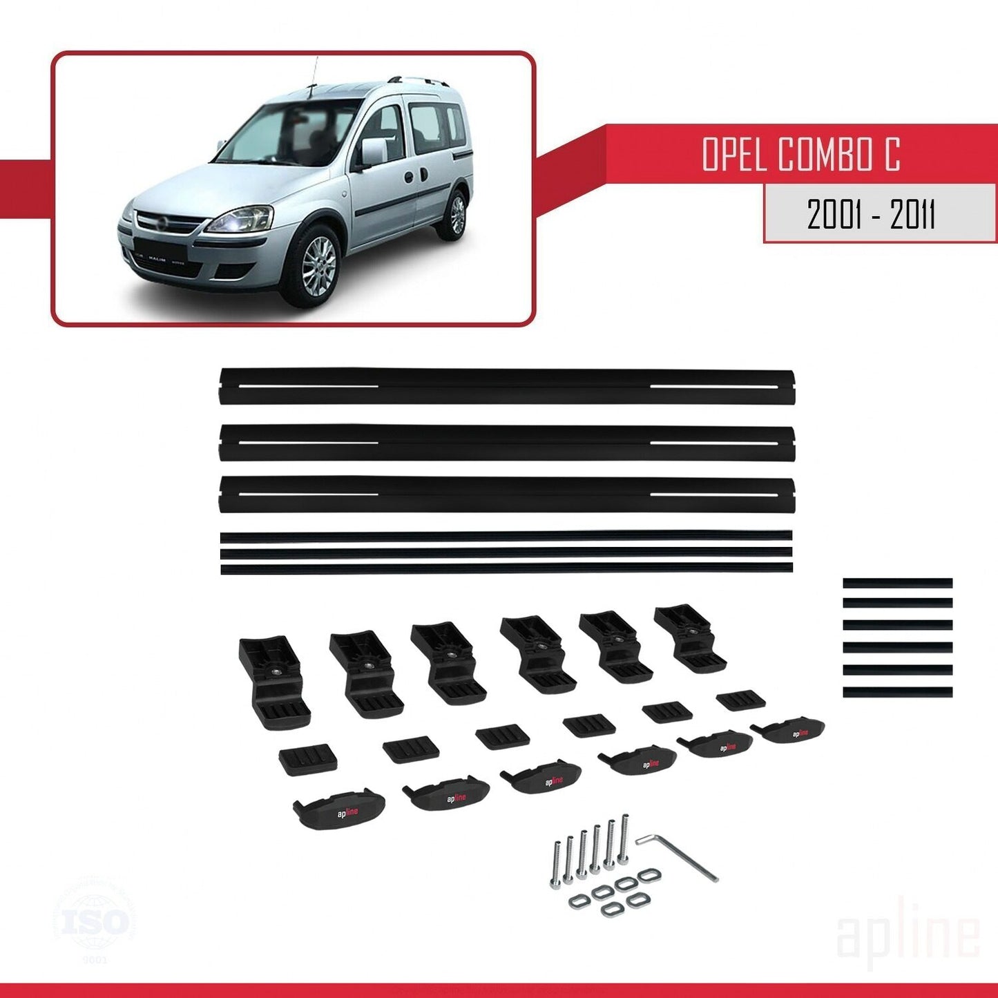 Compatible avec Opel Combo C 2001-2011 BASIC Model Barres de Toit Railing Porte-Bagages de Voiture Noir Aluminium 3 Barres