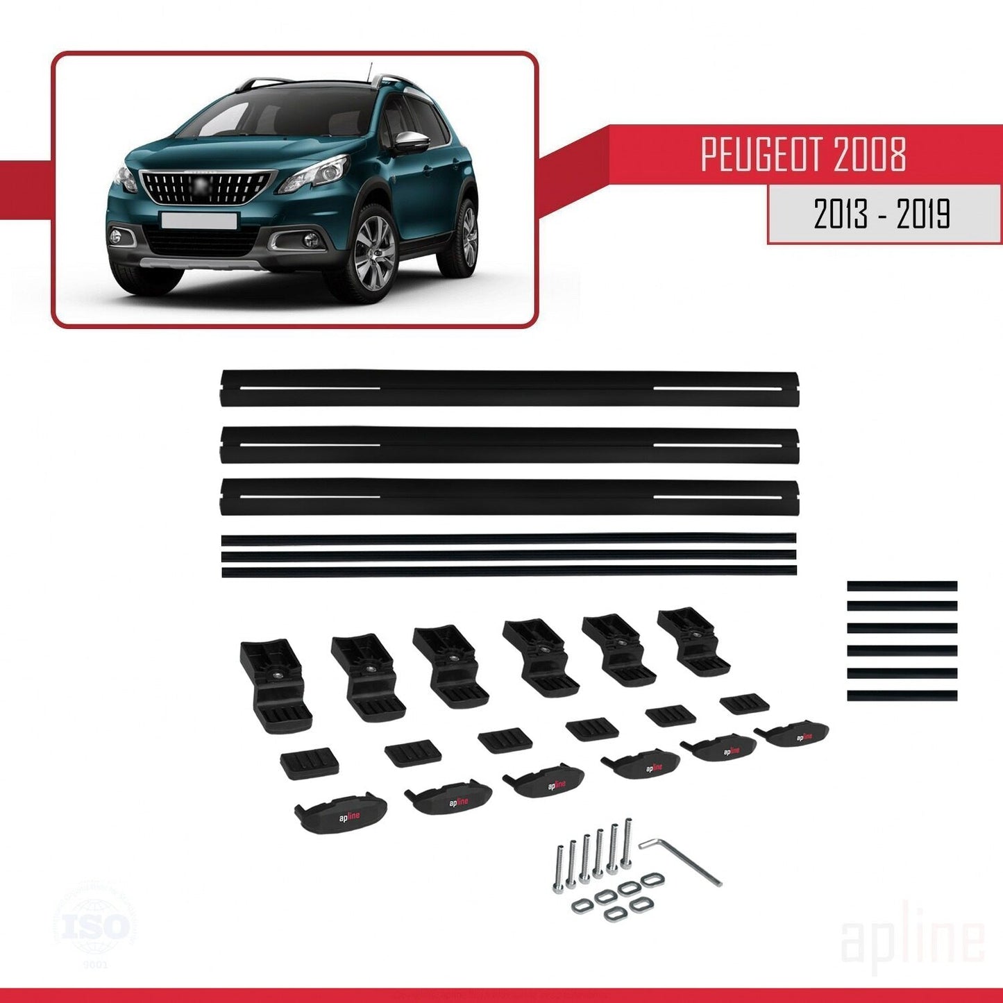 Compatible with Peugeot 2008 (A94) 2013-2019 BASIC Model Car Roof Rack Cross Bar Black Aluminium 3 Bars