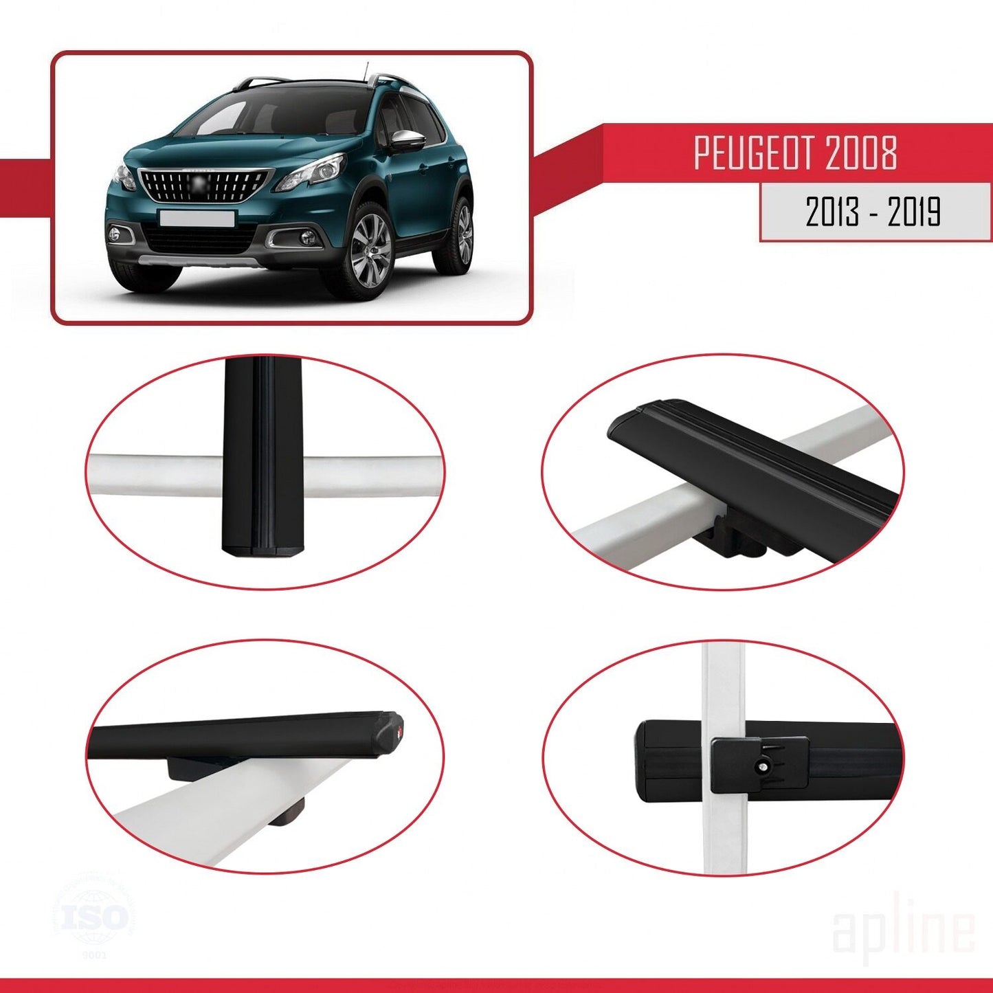 Compatible con Peugeot 2008 (A94) 2013-2019 BASIC Model Barras de Techo Auto Portaequipajes Barras Transversales Negro Aluminio 2 Barras