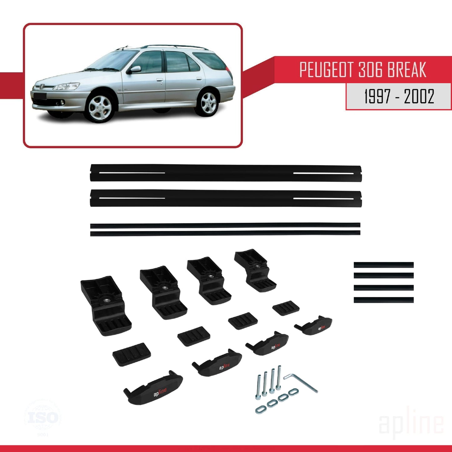 Compatible avec Peugeot 306 Break 1997-2002 BASIC Model Barres de Toit Railing Porte-Bagages de Voiture Noir Aluminium 2 Barres